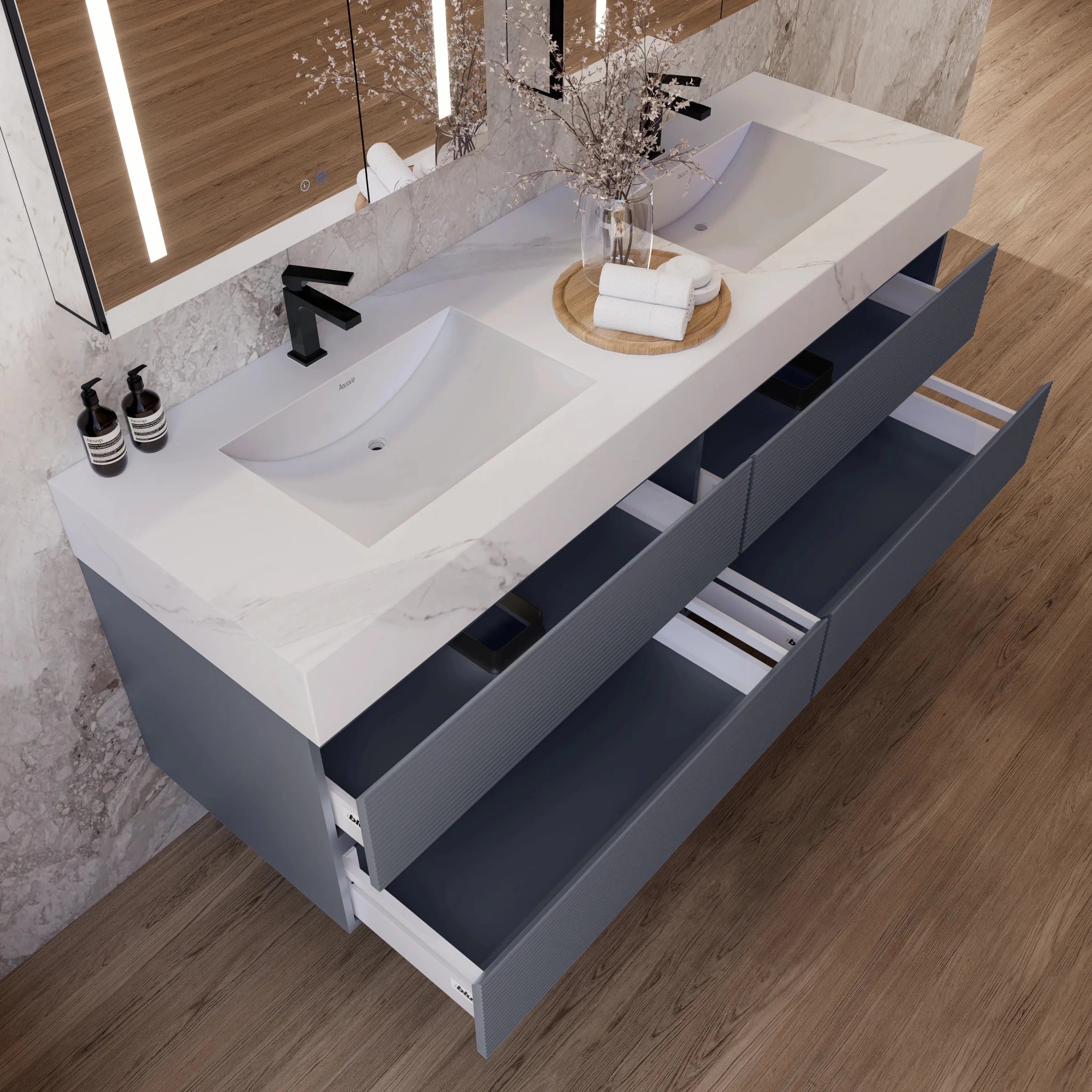 60"/71" Dark Grey Fluted Floating Vanity with Seamless Stone Double Sink - VanityWhite Carrara