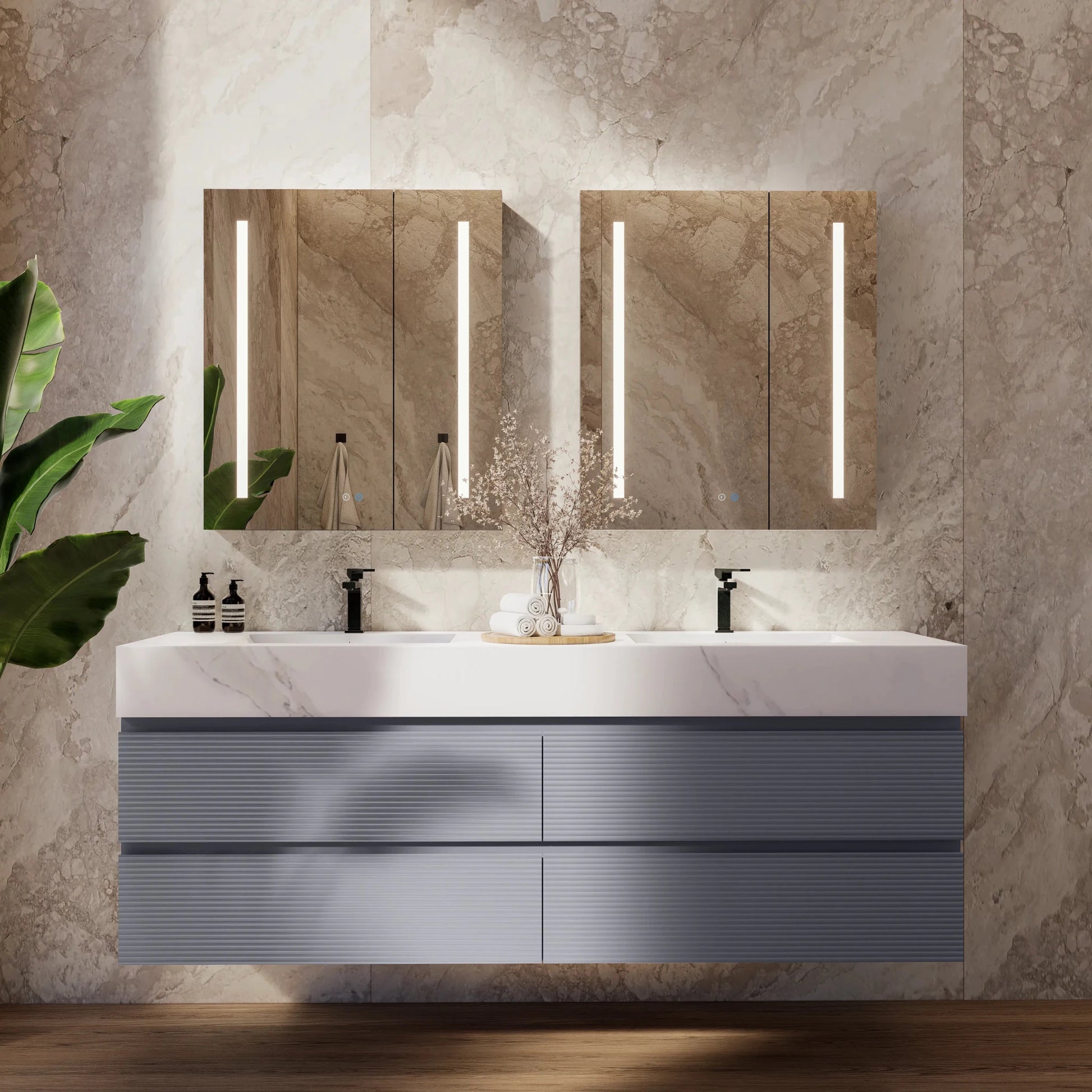 60"/71" Dark Grey Fluted Floating Vanity with Seamless Stone Double Sink - VanityWhite Carrara