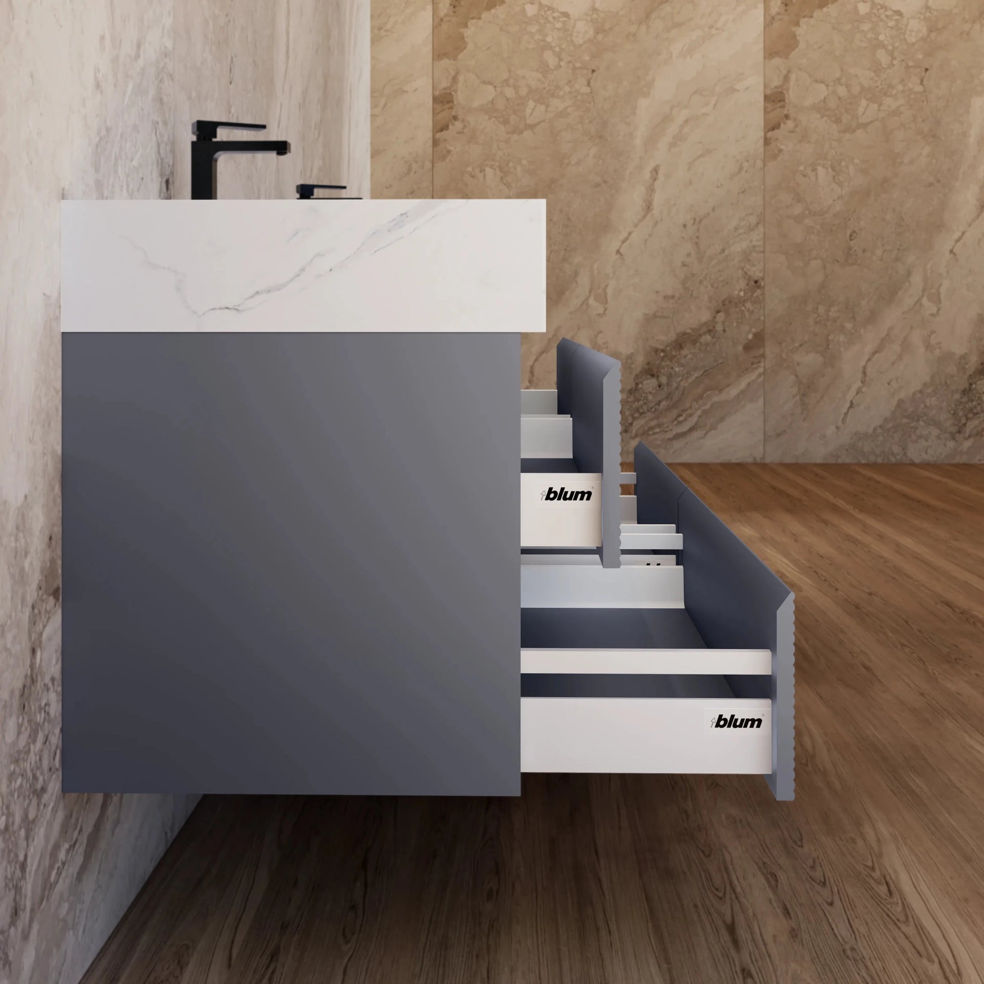 60"/71" Dark Grey Fluted Floating Vanity with Seamless Stone Double Sink - VanityWhite Carrara