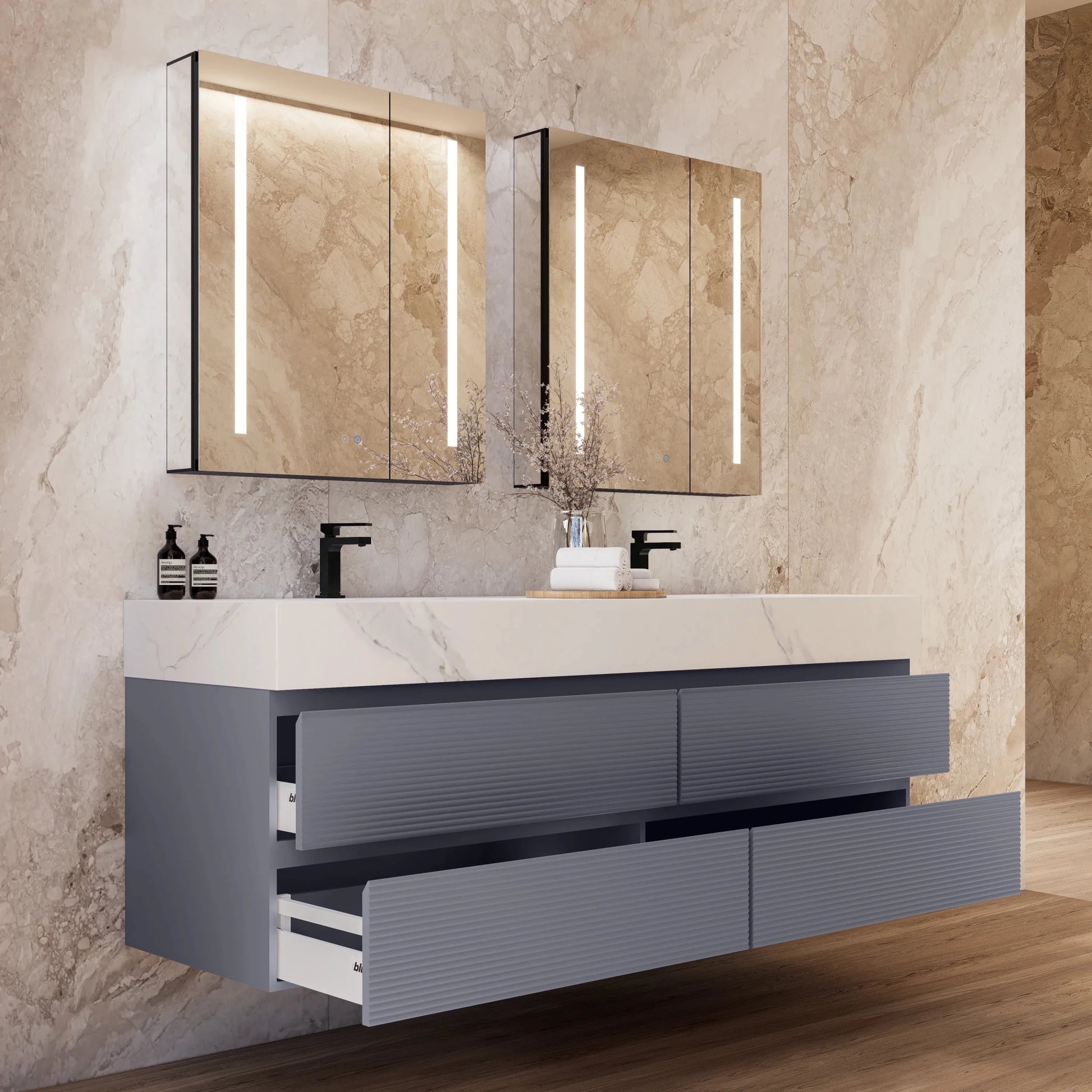 60"/71" Dark Grey Fluted Floating Vanity with Seamless Stone Double Sink - VanityWhite Carrara