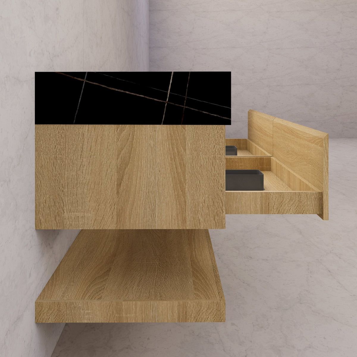 60"/71" Light Oak Hotel-Style Floating Bathroom Vanity, Double Sink, 2 Drawers with Open Shelf, Sintered Stone Top -Vanity