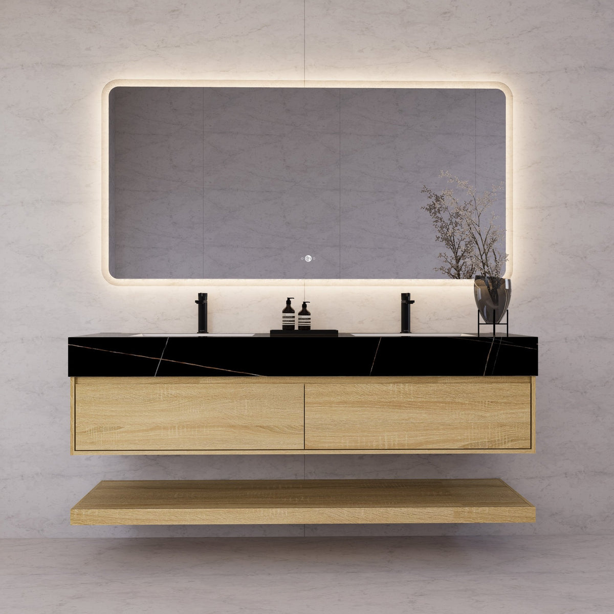 60"/71" Light Oak Hotel-Style Floating Bathroom Vanity, Double Sink, 2 Drawers with Open Shelf, Sintered Stone Top -Vanity