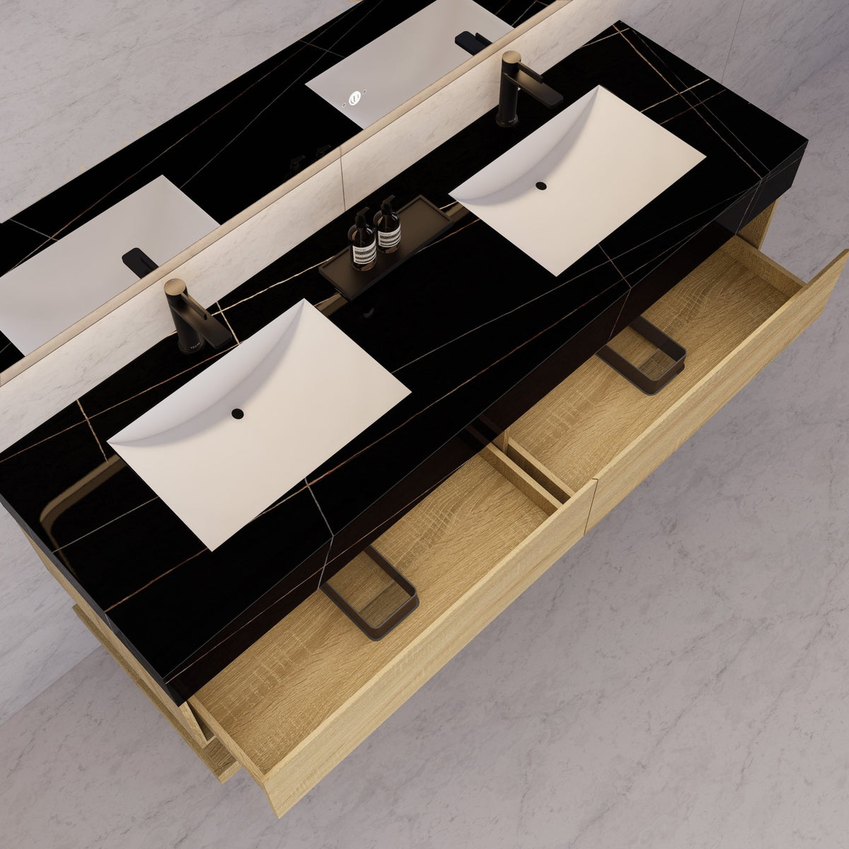 60"/71" Light Oak Hotel-Style Floating Bathroom Vanity, Double Sink, 2 Drawers with Open Shelf, Sintered Stone Top -Vanity
