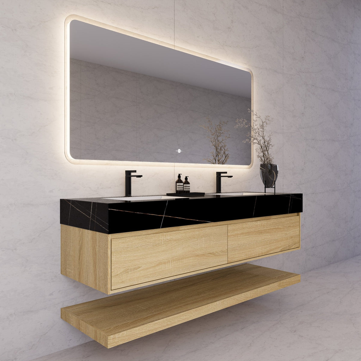 60"/71" Light Oak Hotel-Style Floating Bathroom Vanity, Double Sink, 2 Drawers with Open Shelf, Sintered Stone Top -Vanity