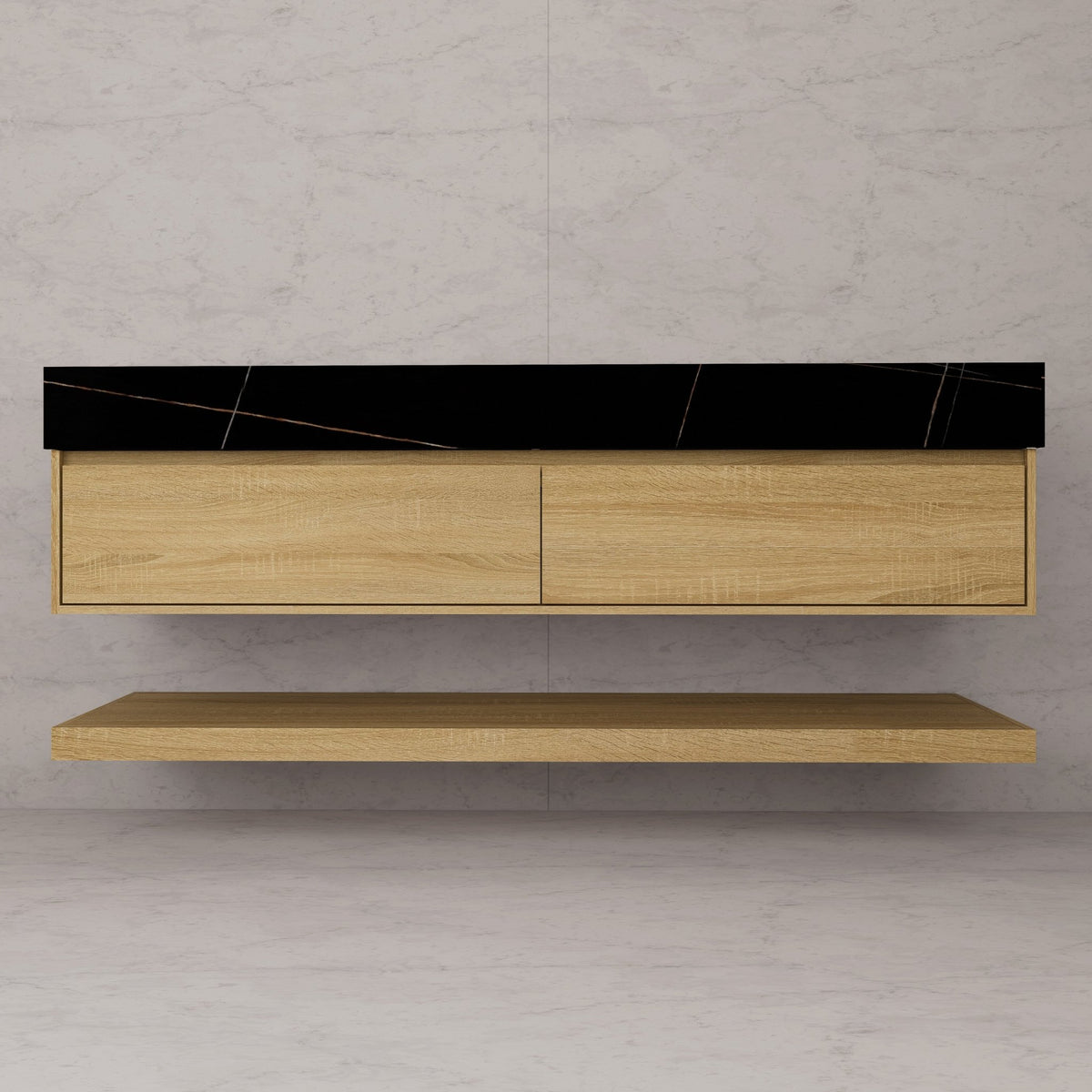 60"/71" Light Oak Hotel-Style Floating Bathroom Vanity, Double Sink, 2 Drawers with Open Shelf, Sintered Stone Top -Vanity