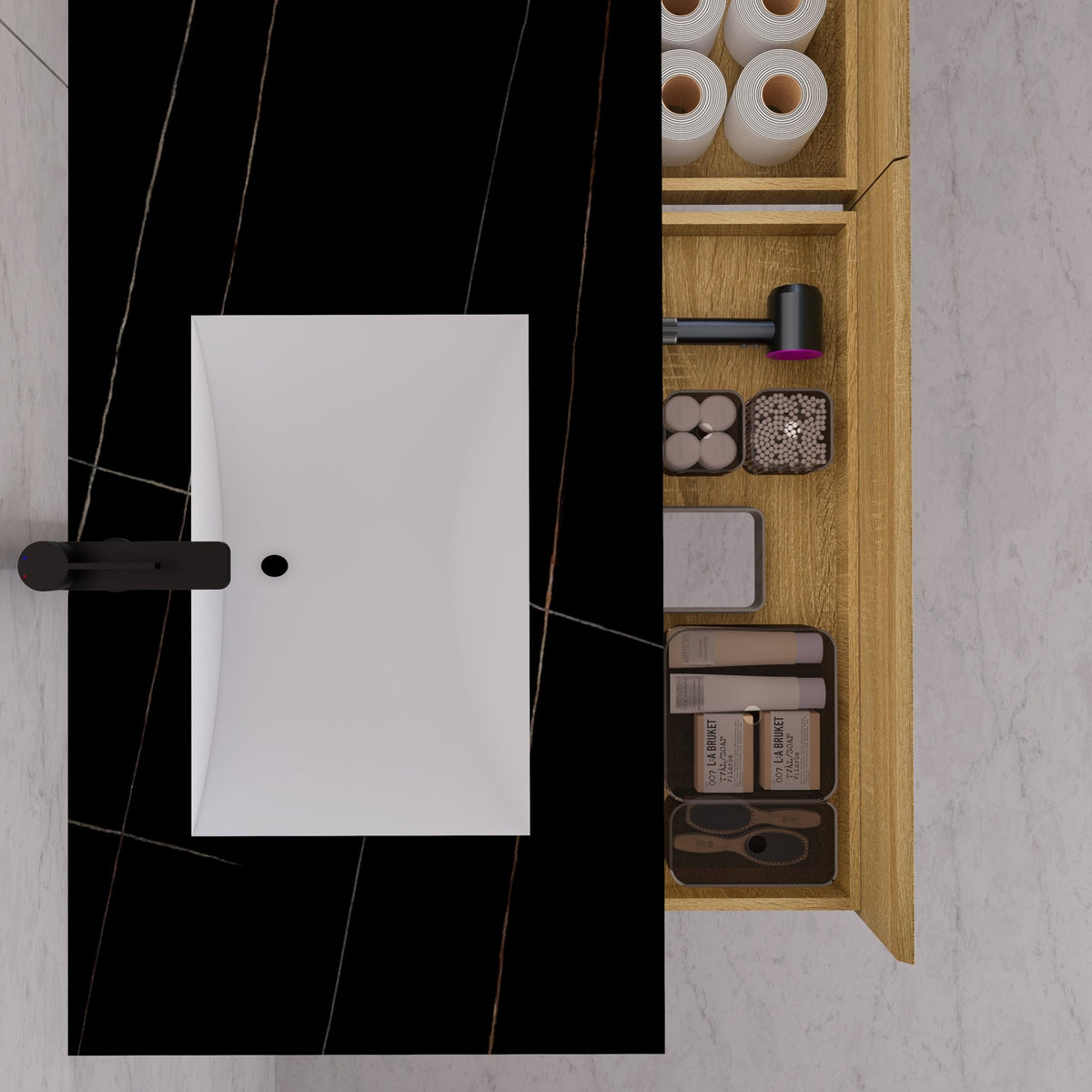 60"/71" Light Oak Hotel-Style Floating Bathroom Vanity, Double Sink, 2 Drawers with Open Shelf, Sintered Stone Top -Vanity