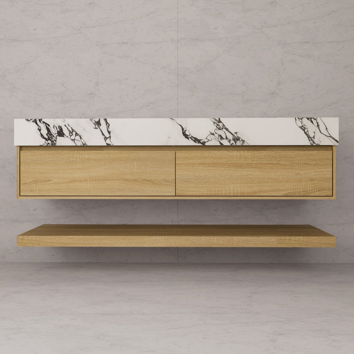 60"/71" Light Oak Hotel-Style Floating Bathroom Vanity, Double Sink, 2 Drawers with Open Shelf, Sintered Stone Top -Vanity