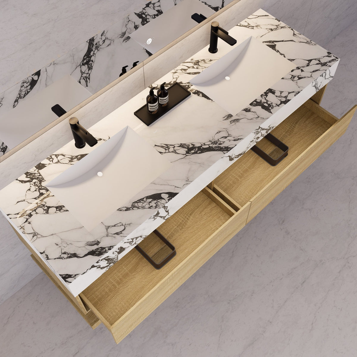 60"/71" Light Oak Hotel-Style Floating Bathroom Vanity, Double Sink, 2 Drawers with Open Shelf, Sintered Stone Top -Vanity