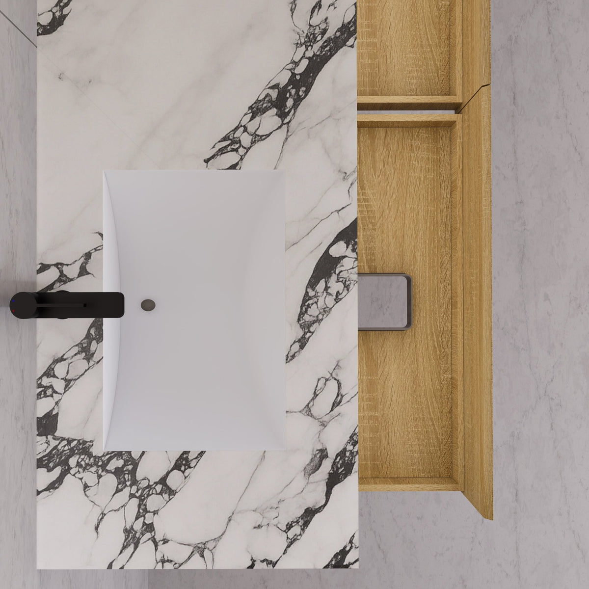 60"/71" Light Oak Hotel-Style Floating Bathroom Vanity, Double Sink, 2 Drawers with Open Shelf, Sintered Stone Top -Vanity