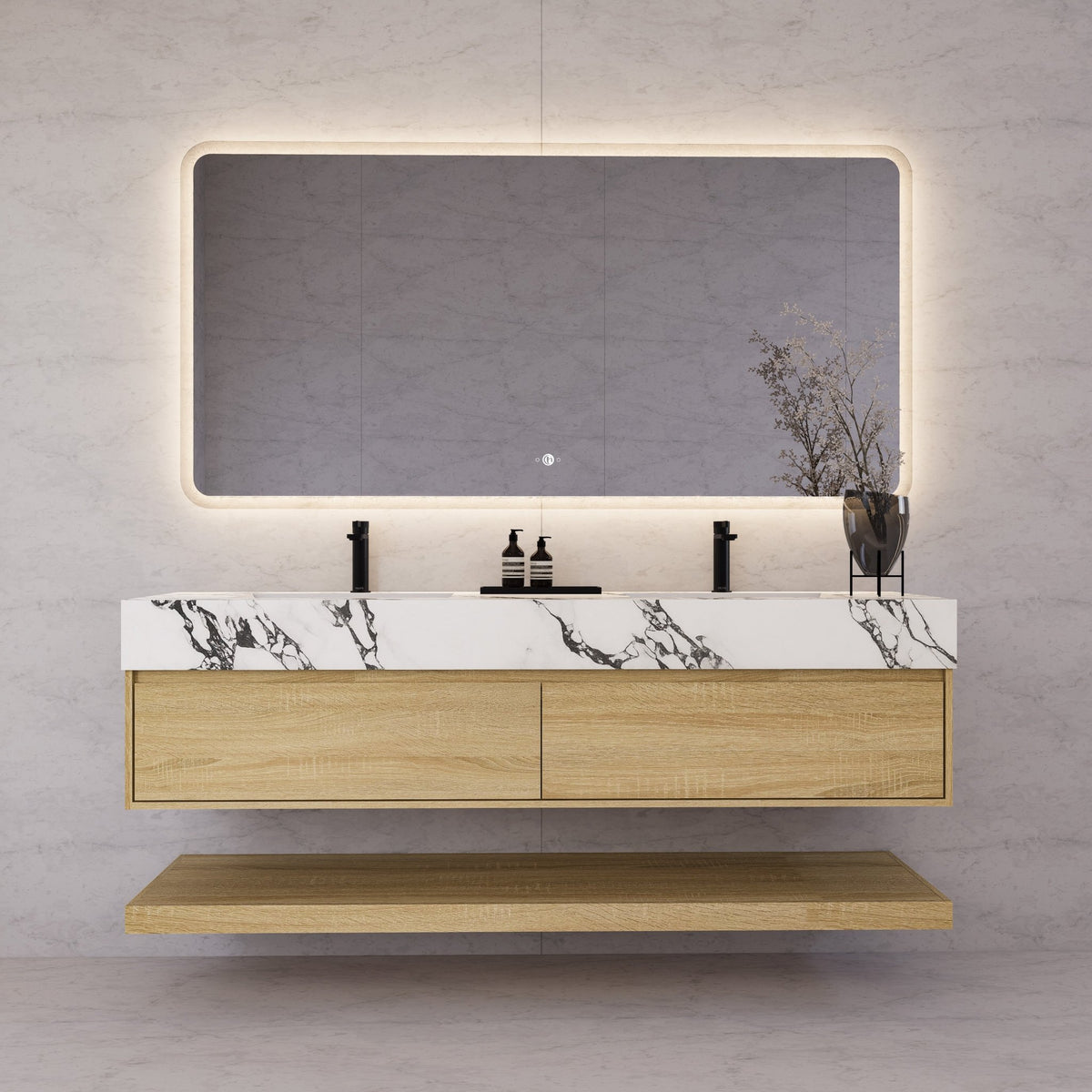 60"/71" Light Oak Hotel-Style Floating Bathroom Vanity, Double Sink, 2 Drawers with Open Shelf, Sintered Stone Top -Vanity