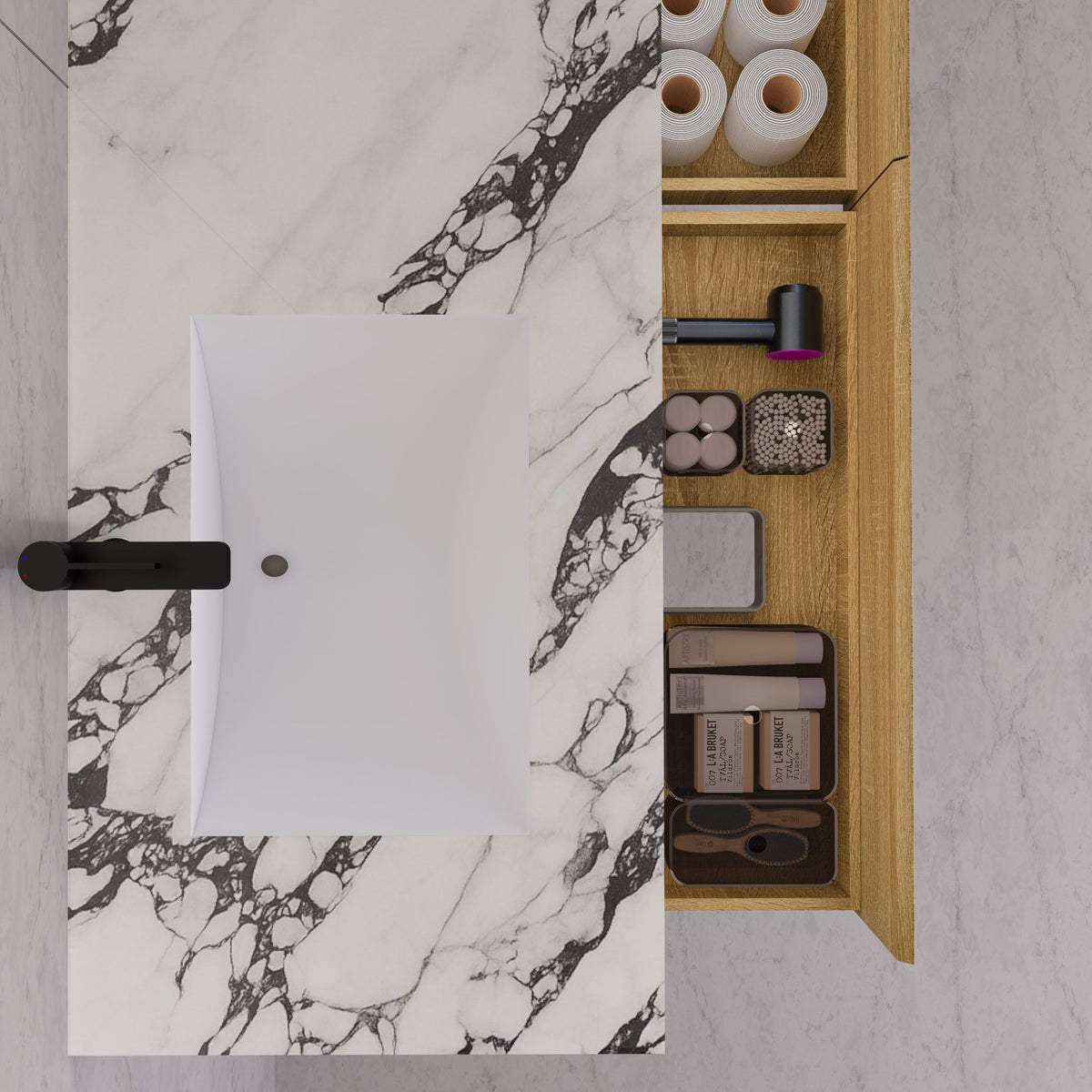 60"/71" Light Oak Hotel-Style Floating Bathroom Vanity, Double Sink, 2 Drawers with Open Shelf, Sintered Stone Top -Vanity