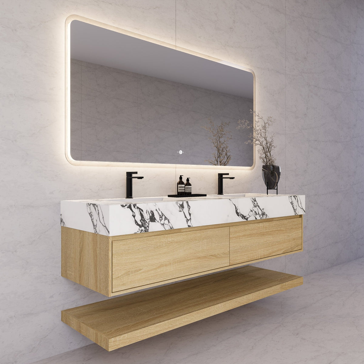 60"/71" Light Oak Hotel-Style Floating Bathroom Vanity, Double Sink, 2 Drawers with Open Shelf, Sintered Stone Top -Vanity