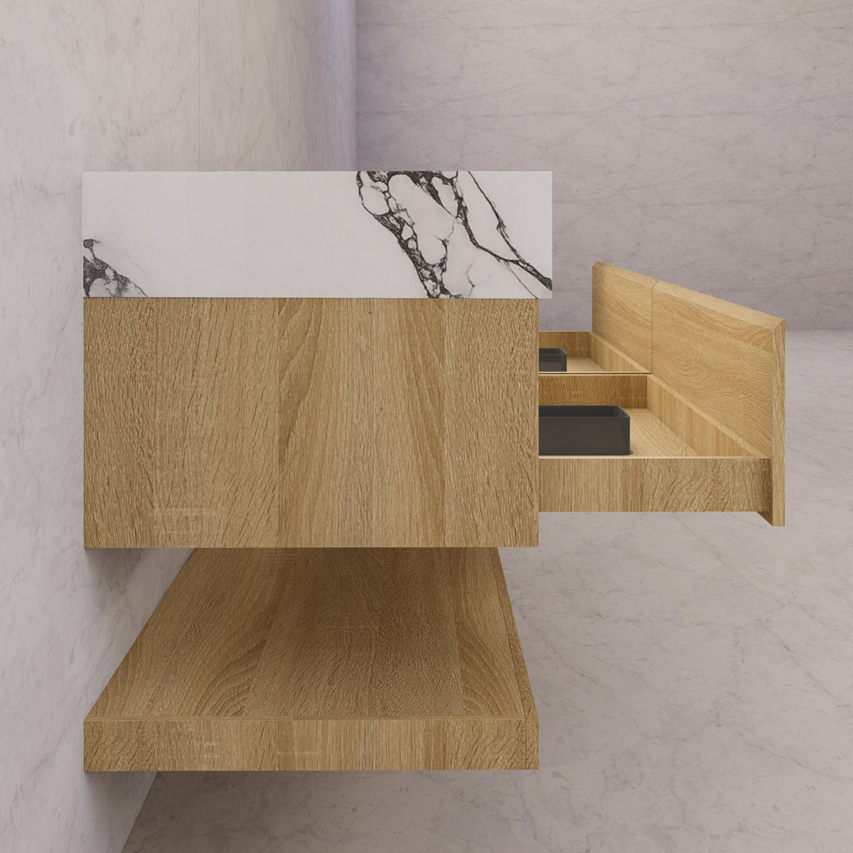60"/71" Light Oak Hotel-Style Floating Bathroom Vanity, Double Sink, 2 Drawers with Open Shelf, Sintered Stone Top -Vanity