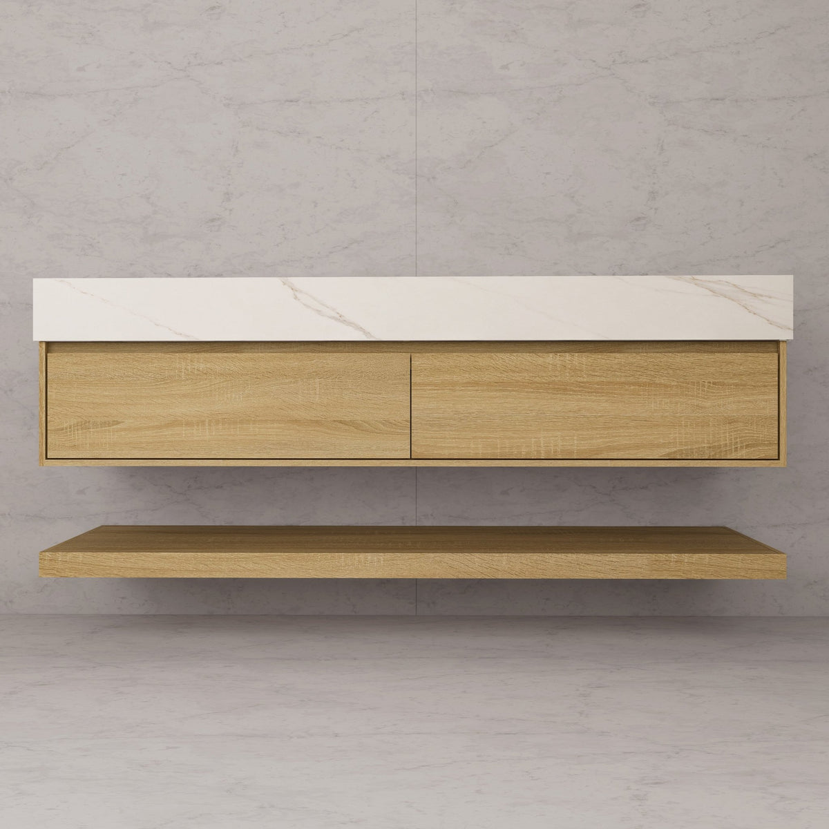 60"/71" Light Oak Hotel-Style Floating Bathroom Vanity, Double Sink, 2 Drawers with Open Shelf, Sintered Stone Top -Vanity
