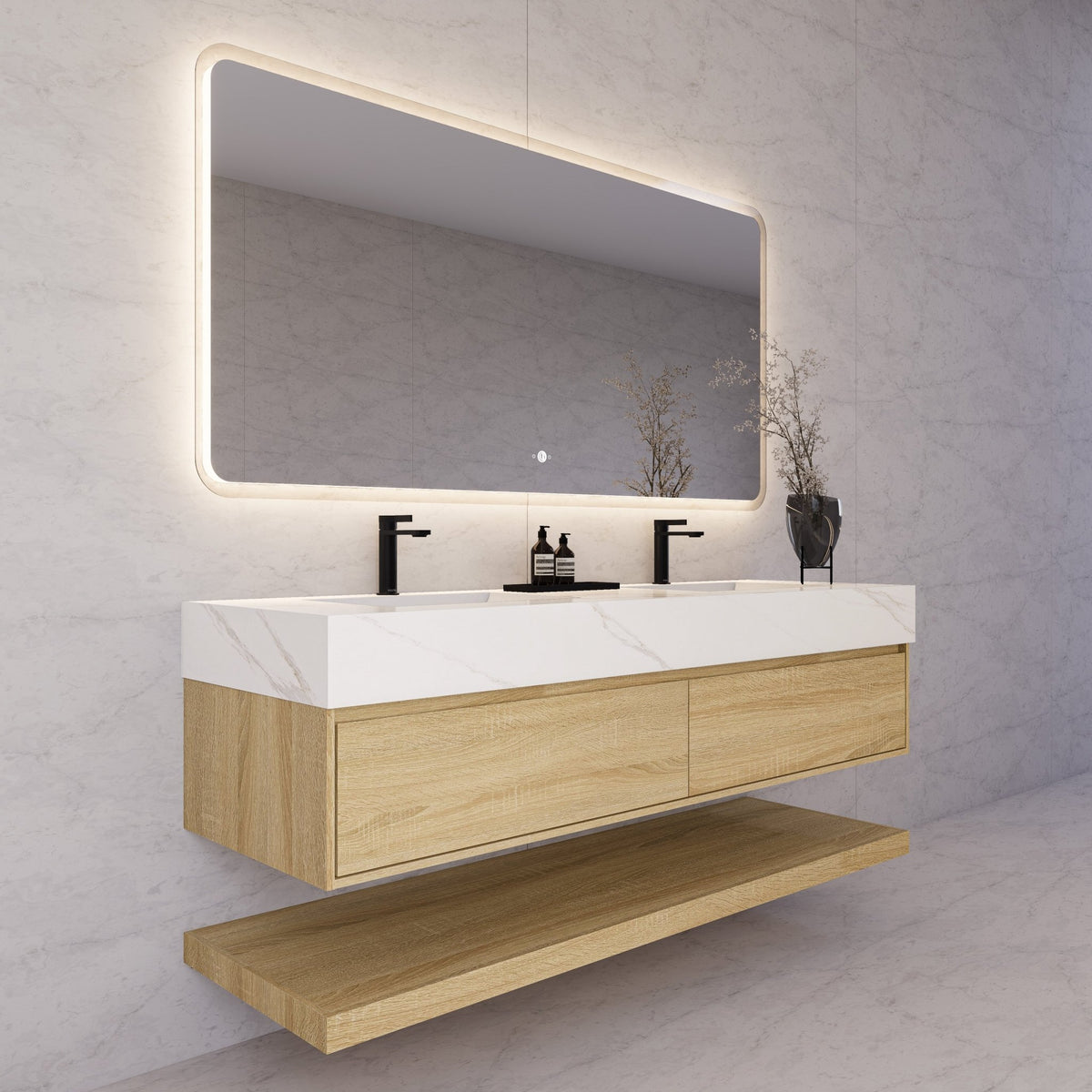 60"/71" Light Oak Hotel-Style Floating Bathroom Vanity, Double Sink, 2 Drawers with Open Shelf, Sintered Stone Top -Vanity