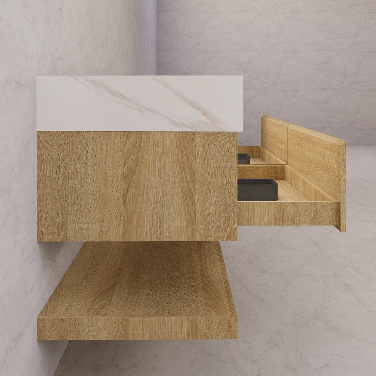60"/71" Light Oak Hotel-Style Floating Bathroom Vanity, Double Sink, 2 Drawers with Open Shelf, Sintered Stone Top -Vanity
