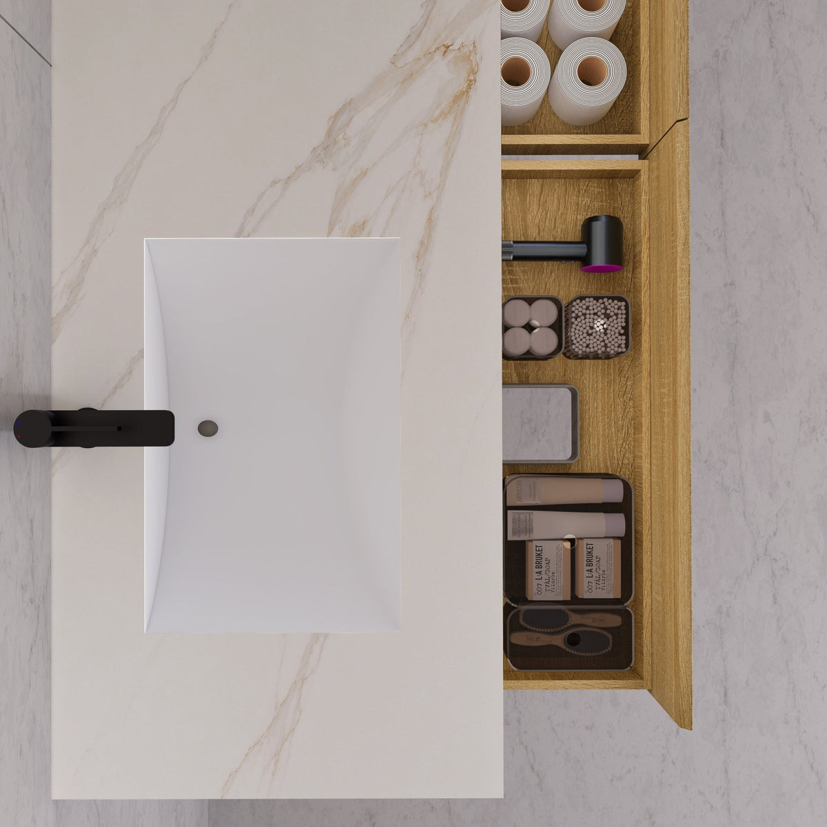 60"/71" Light Oak Hotel-Style Floating Bathroom Vanity, Double Sink, 2 Drawers with Open Shelf, Sintered Stone Top -Vanity