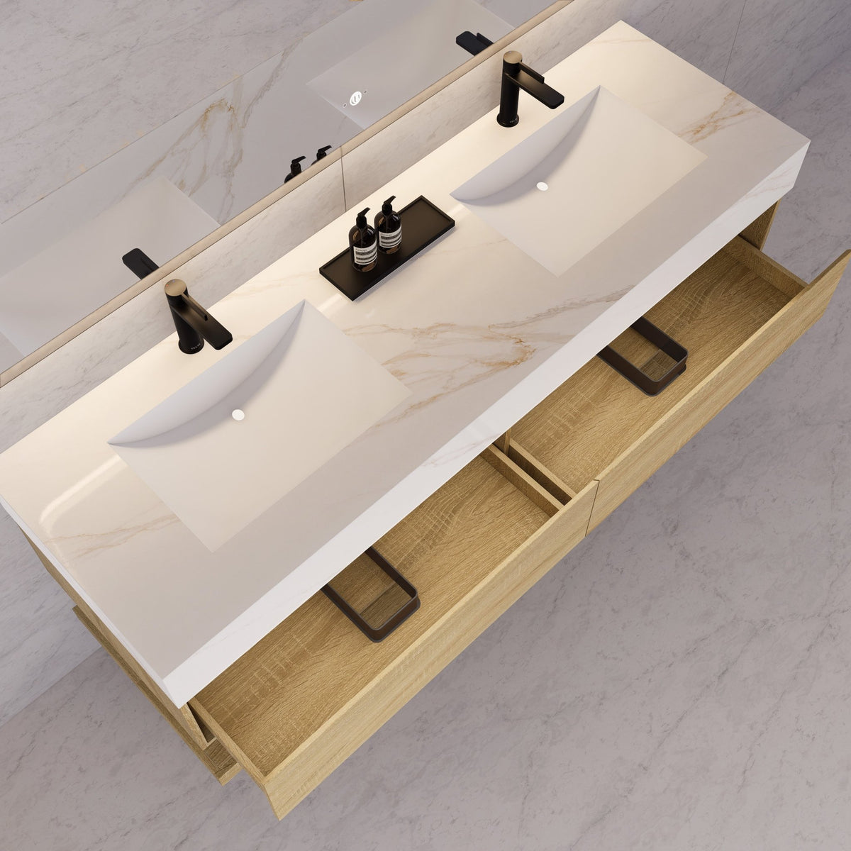 60"/71" Light Oak Hotel-Style Floating Bathroom Vanity, Double Sink, 2 Drawers with Open Shelf, Sintered Stone Top -Vanity