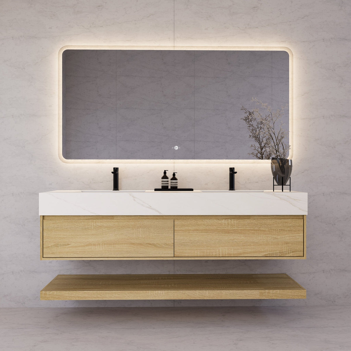60"/71" Light Oak Hotel-Style Floating Bathroom Vanity, Double Sink, 2 Drawers with Open Shelf, Sintered Stone Top -Vanity