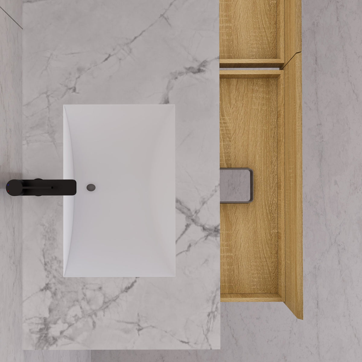 60"/71" Light Oak Hotel-Style Floating Bathroom Vanity, Double Sink, 2 Drawers with Open Shelf, Sintered Stone Top -Vanity