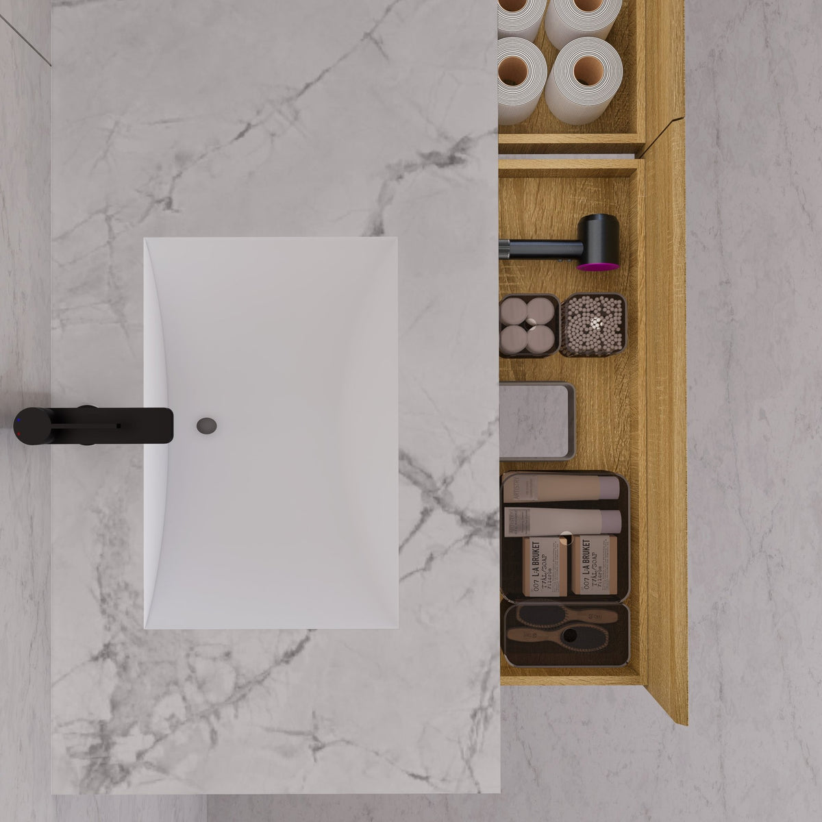 60"/71" Light Oak Hotel-Style Floating Bathroom Vanity, Double Sink, 2 Drawers with Open Shelf, Sintered Stone Top -Vanity