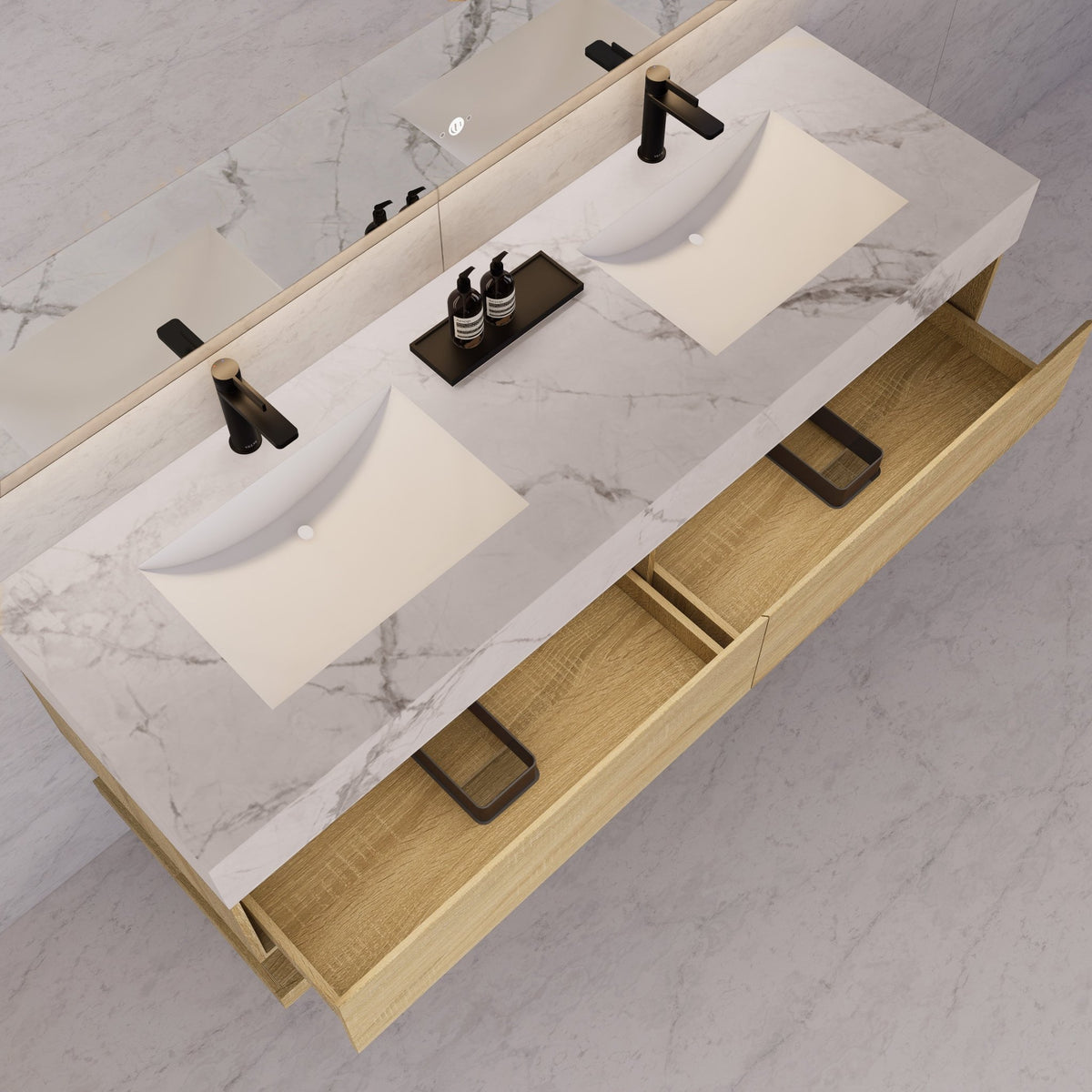 60"/71" Light Oak Hotel-Style Floating Bathroom Vanity, Double Sink, 2 Drawers with Open Shelf, Sintered Stone Top -Vanity