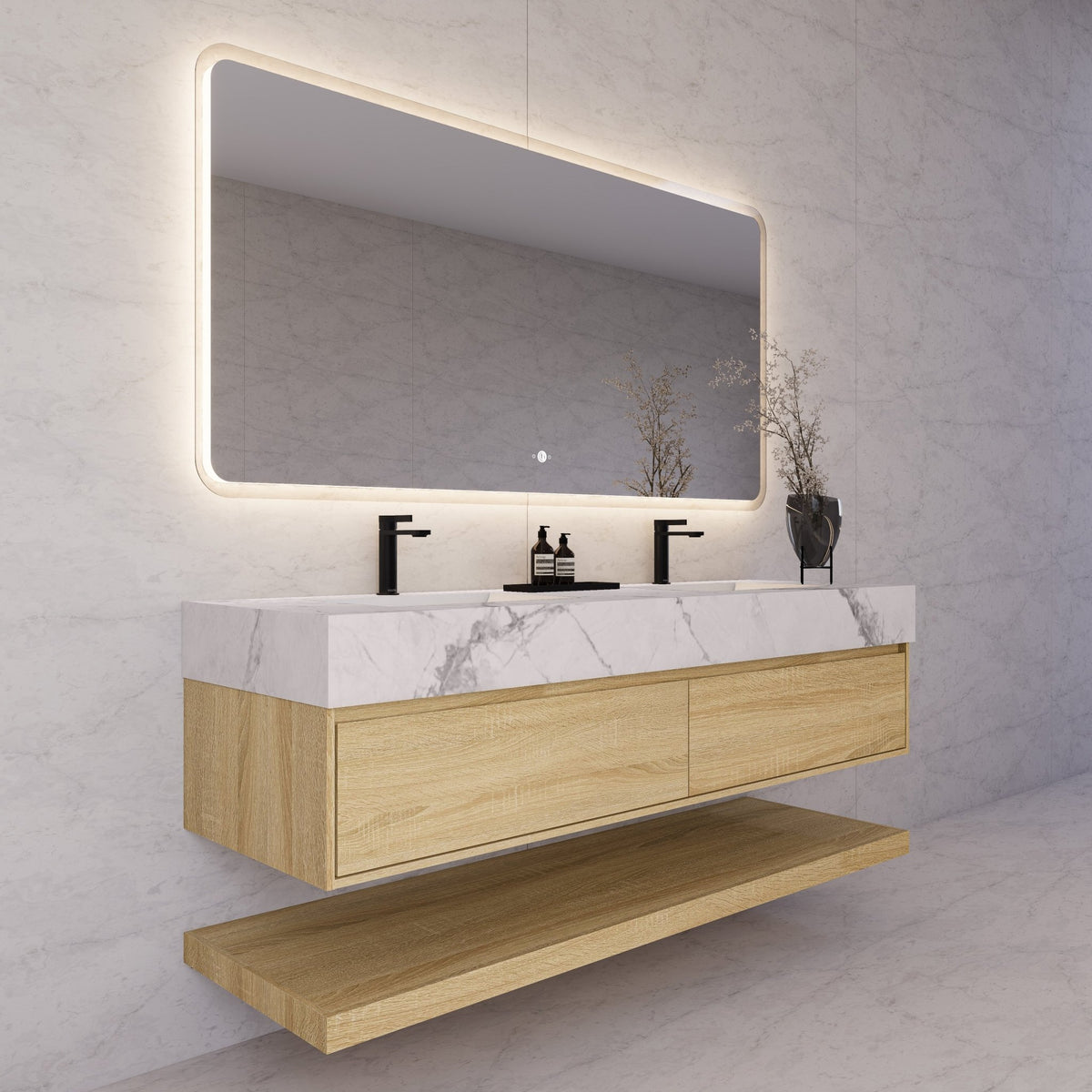60"/71" Light Oak Hotel-Style Floating Bathroom Vanity, Double Sink, 2 Drawers with Open Shelf, Sintered Stone Top -Vanity