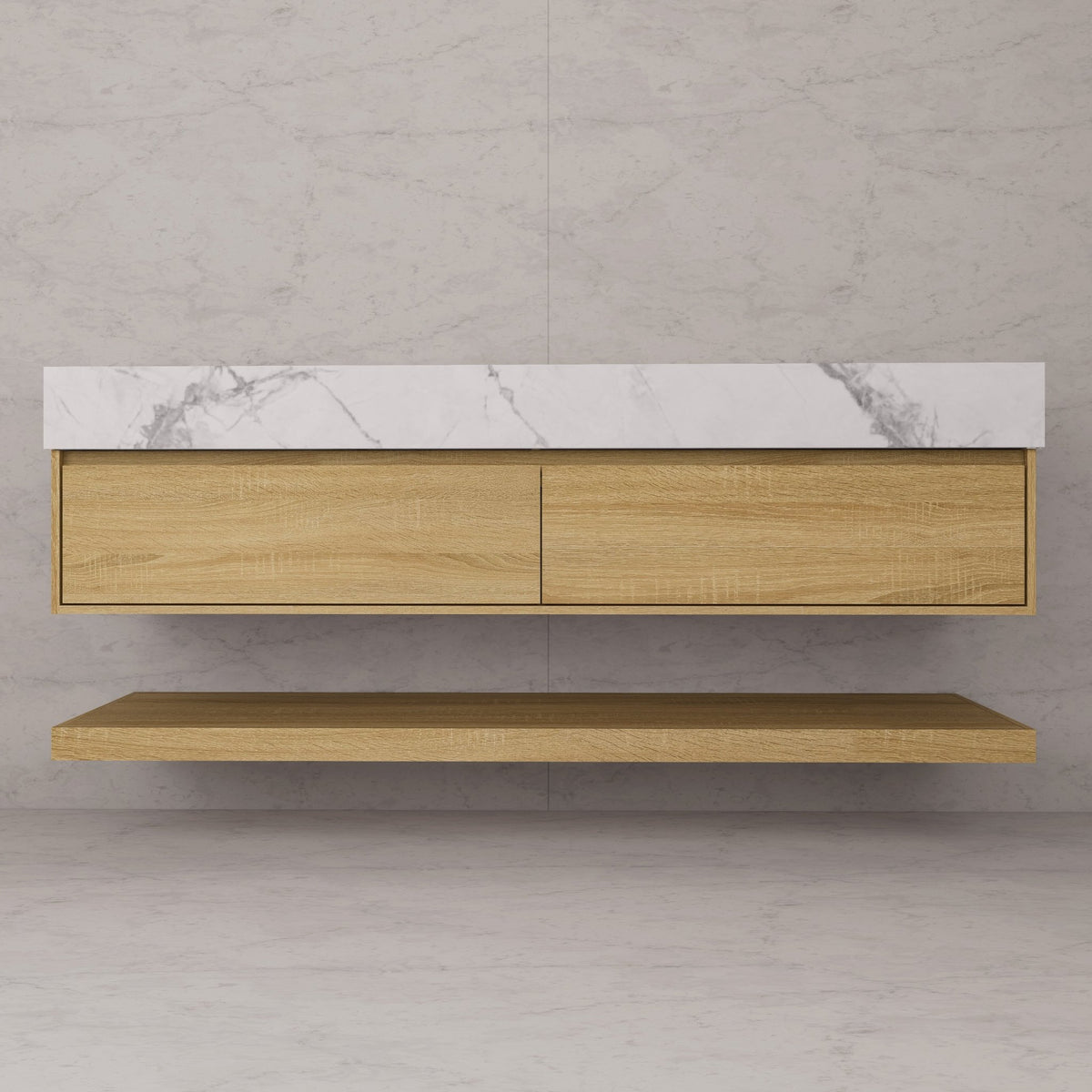 60"/71" Light Oak Hotel-Style Floating Bathroom Vanity, Double Sink, 2 Drawers with Open Shelf, Sintered Stone Top -Vanity