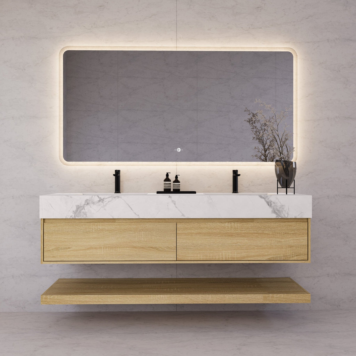 60"/71" Light Oak Hotel-Style Floating Bathroom Vanity, Double Sink, 2 Drawers with Open Shelf, Sintered Stone Top -Vanity