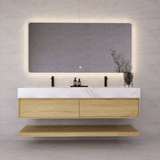 60"/71" Light Oak Hotel-Style Floating Bathroom Vanity, Double Sink, 2 Drawers with Open Shelf, Sintered Stone Top -Vanity