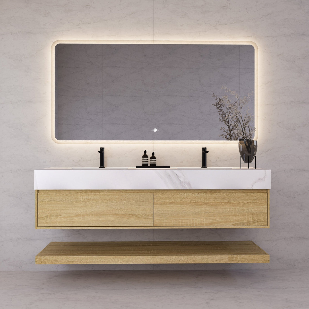 60"/71" Light Oak Hotel-Style Floating Bathroom Vanity, Double Sink, 2 Drawers with Open Shelf, Sintered Stone Top -Vanity