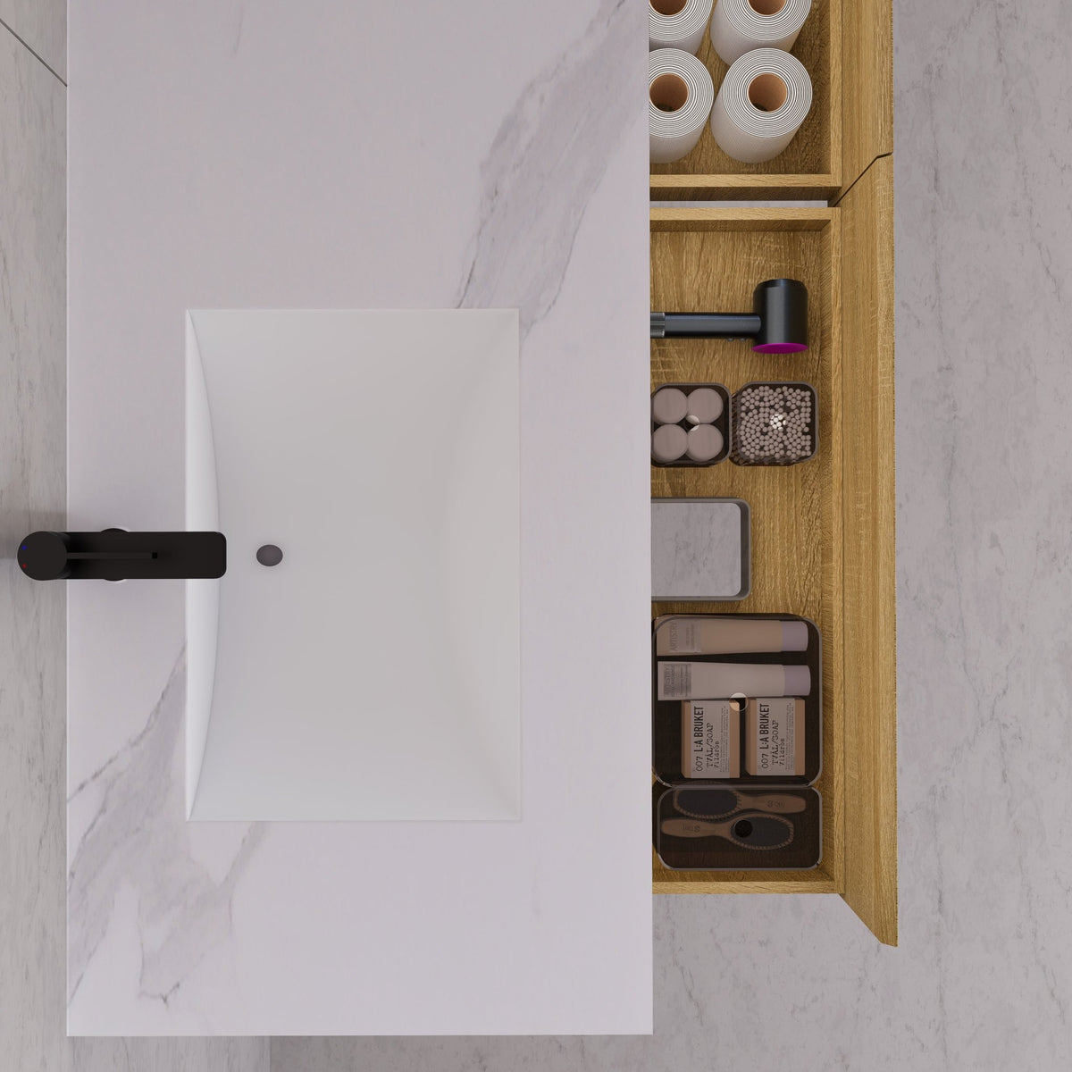 60"/71" Light Oak Hotel-Style Floating Bathroom Vanity, Double Sink, 2 Drawers with Open Shelf, Sintered Stone Top -Vanity