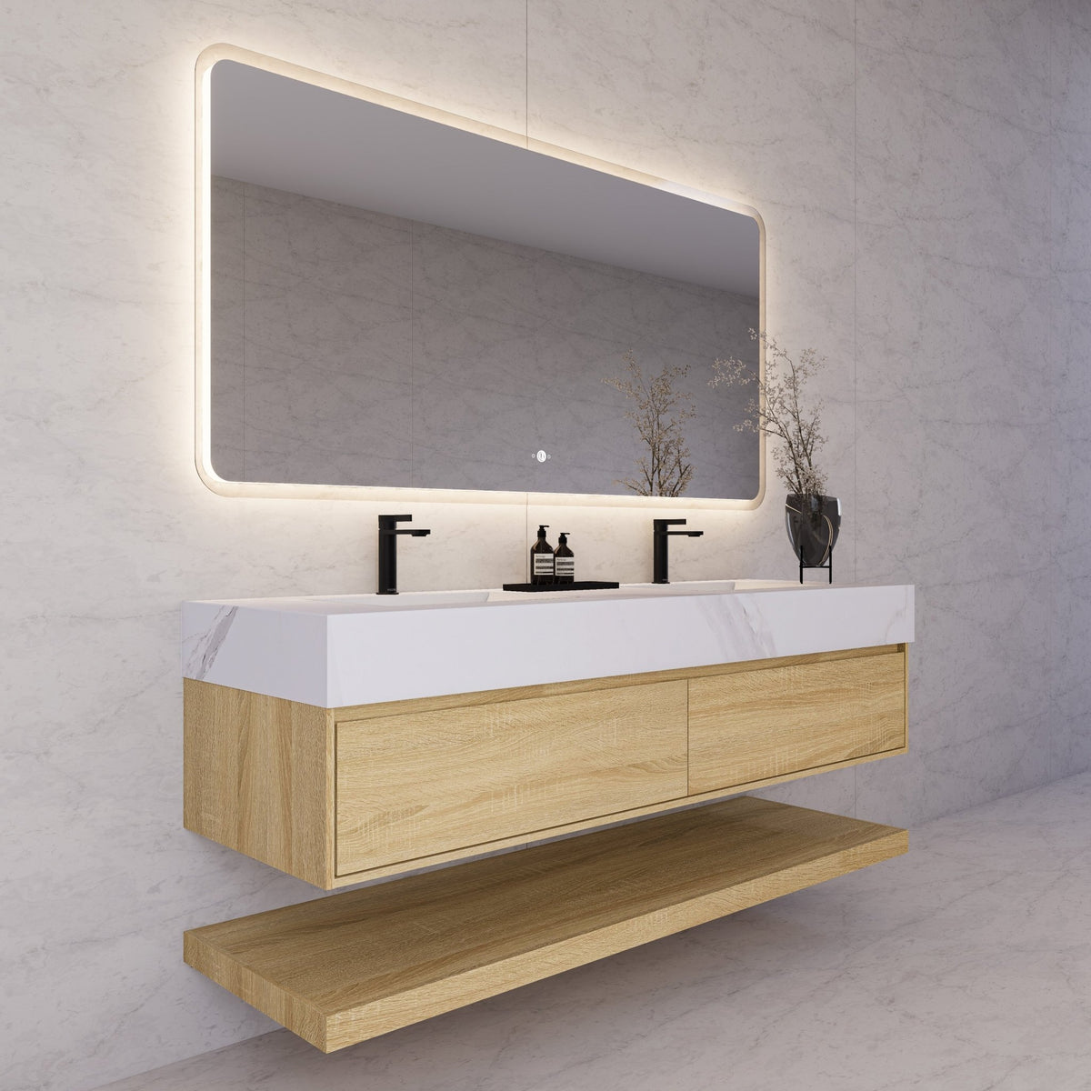 60"/71" Light Oak Hotel-Style Floating Bathroom Vanity, Double Sink, 2 Drawers with Open Shelf, Sintered Stone Top -Vanity