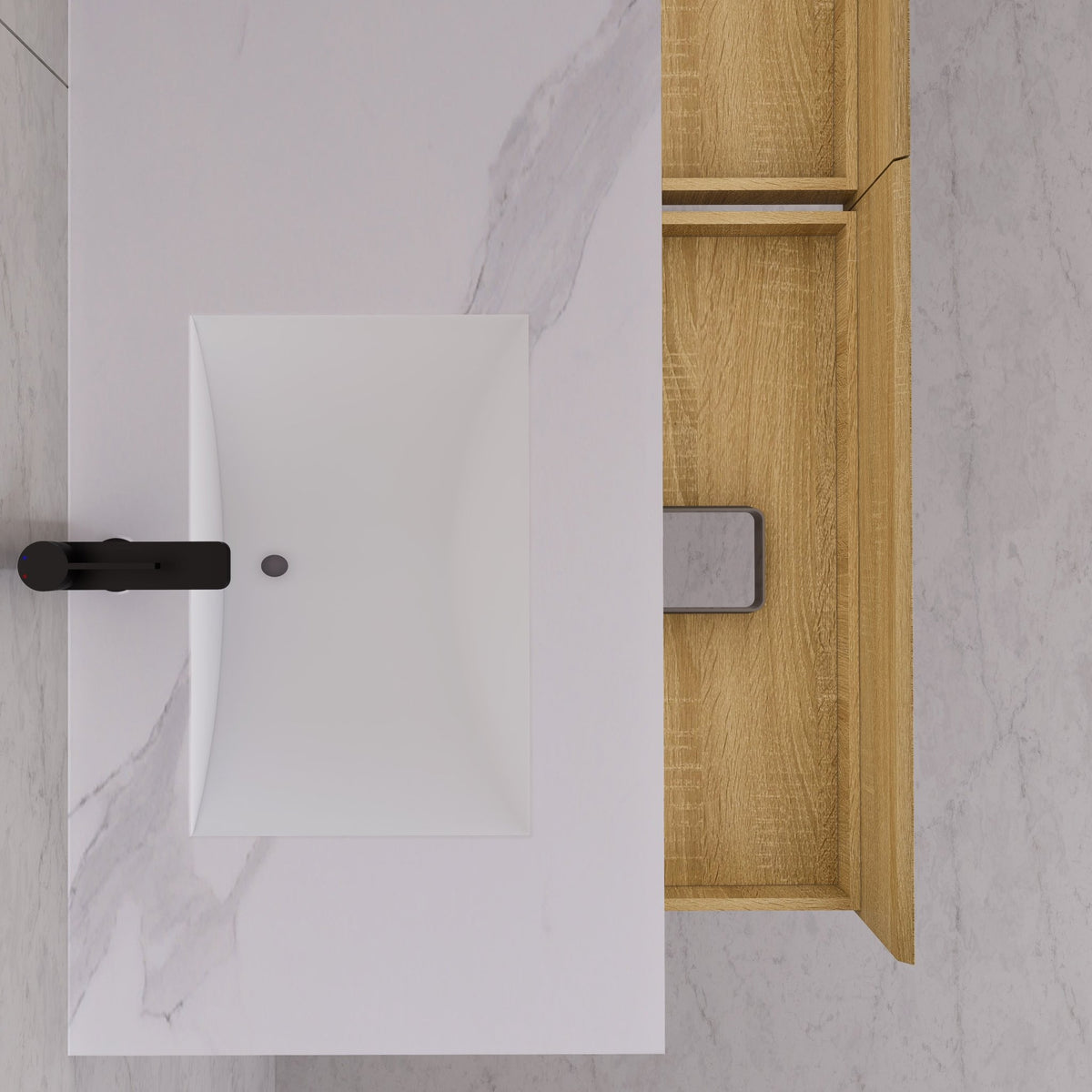 60"/71" Light Oak Hotel-Style Floating Bathroom Vanity, Double Sink, 2 Drawers with Open Shelf, Sintered Stone Top -Vanity