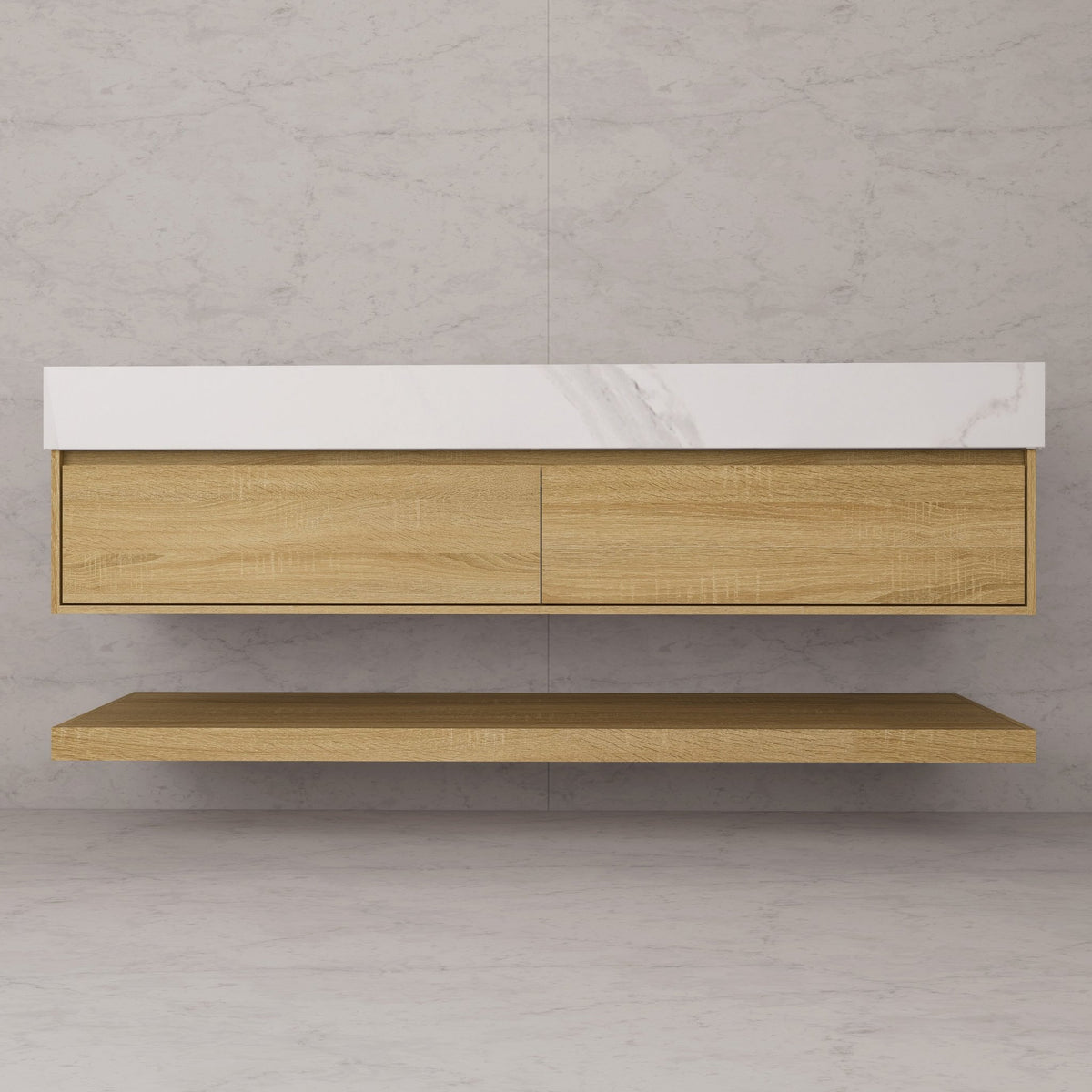 60"/71" Light Oak Hotel-Style Floating Bathroom Vanity, Double Sink, 2 Drawers with Open Shelf, Sintered Stone Top -Vanity