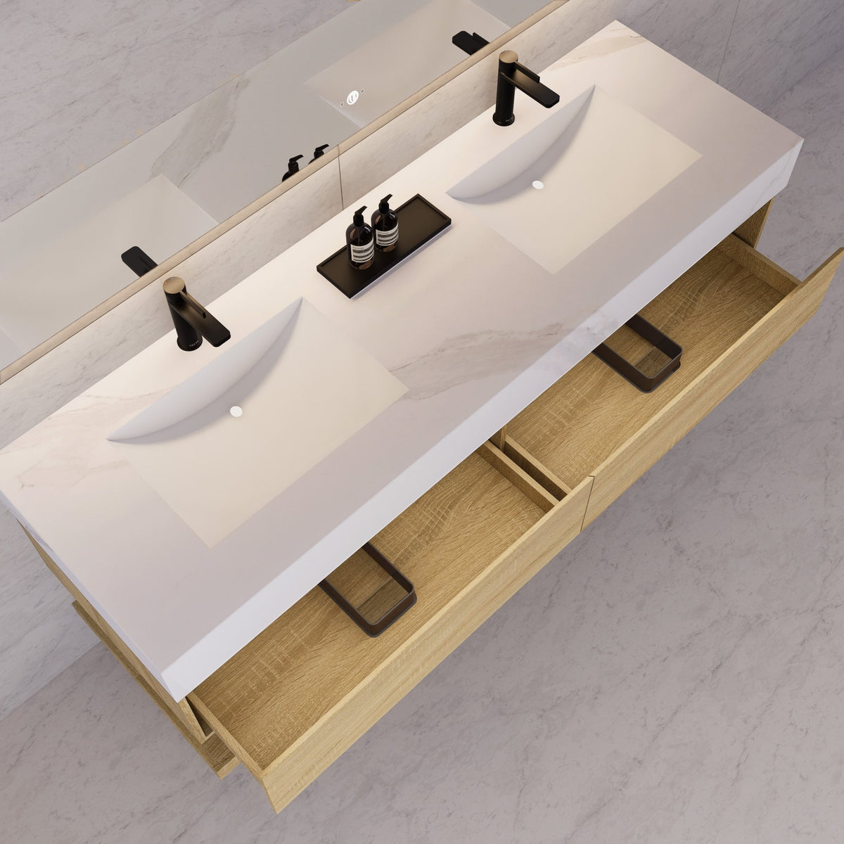 60"/71" Light Oak Hotel-Style Floating Bathroom Vanity, Double Sink, 2 Drawers with Open Shelf, Sintered Stone Top -Vanity