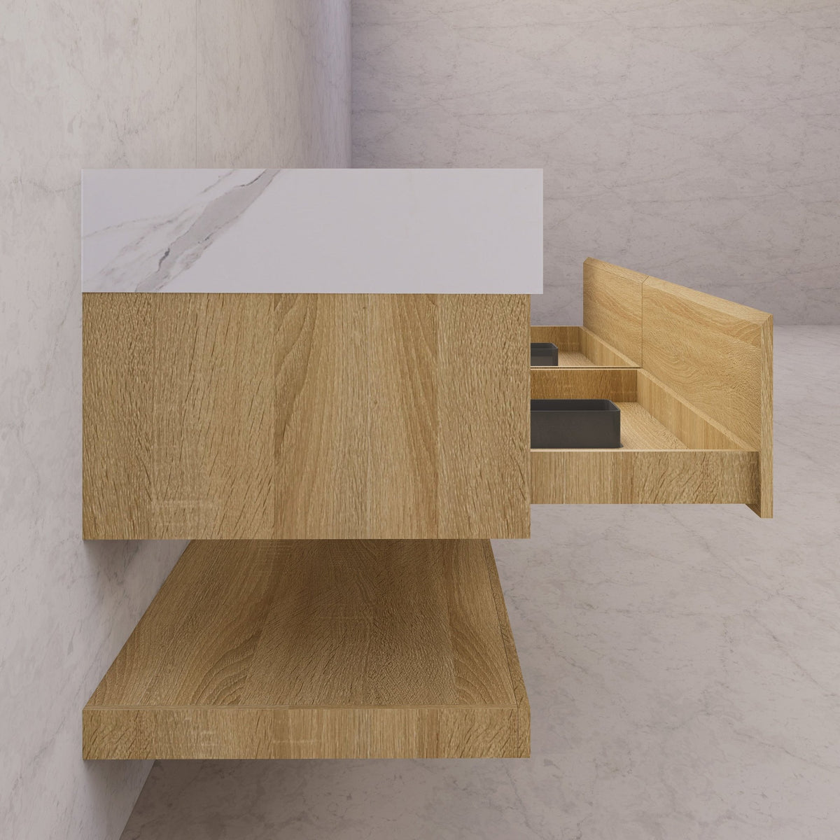 60"/71" Light Oak Hotel-Style Floating Bathroom Vanity, Double Sink, 2 Drawers with Open Shelf, Sintered Stone Top -Vanity