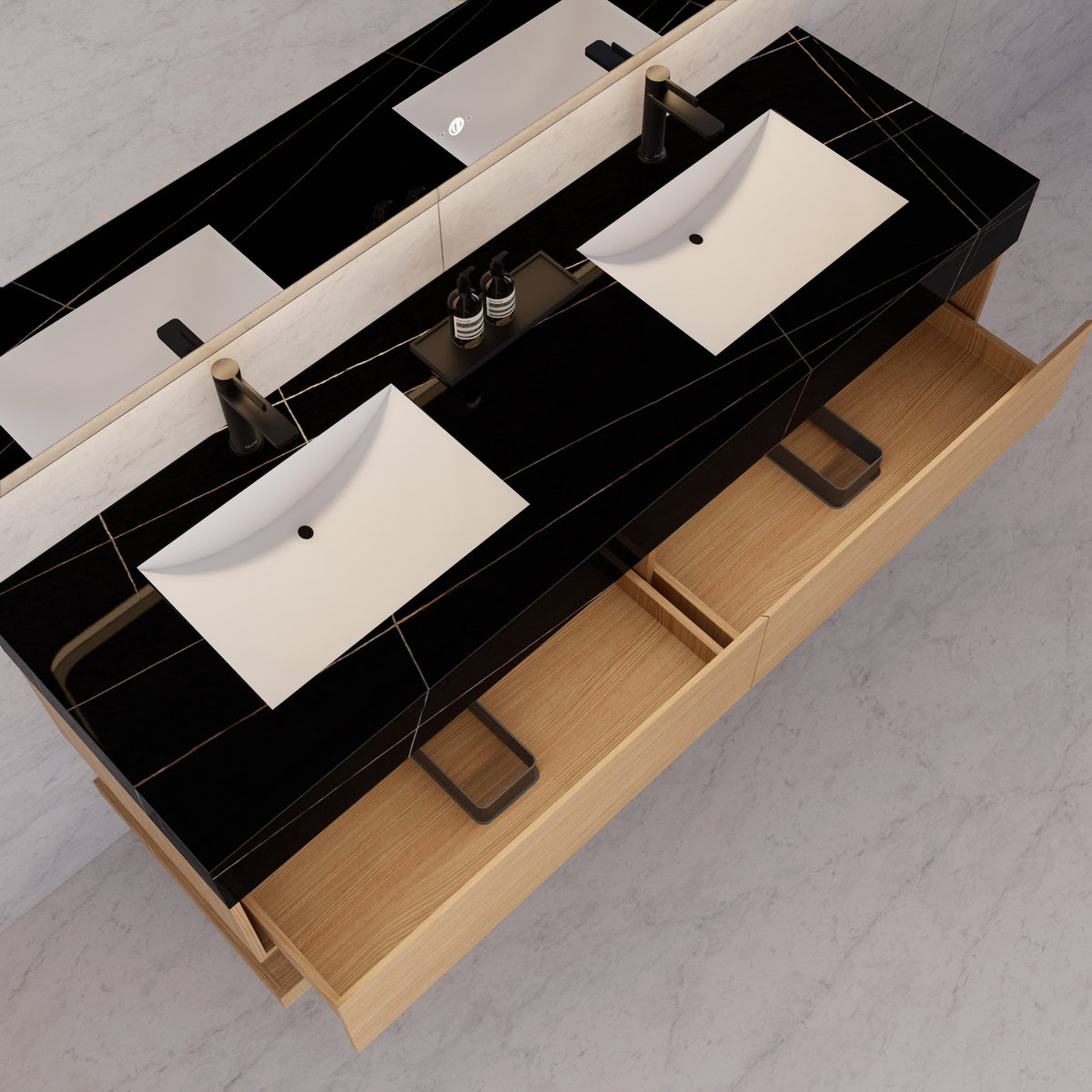 60"/71" Nature Oak Hotel-Style Floating Bathroom Vanity, Double Sink, 2 Drawers with Open Shelf, Sintered Stone Top -Vanity