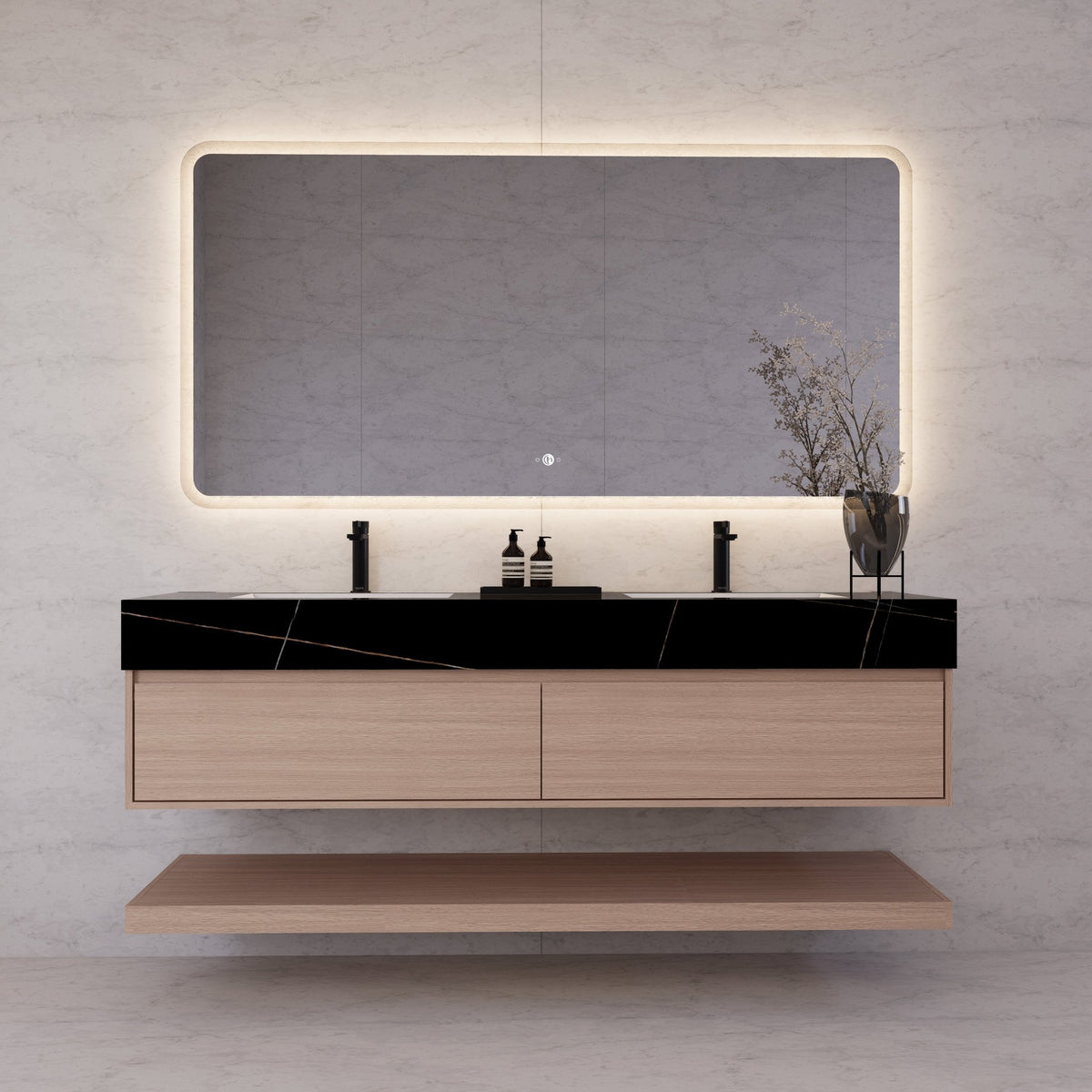 60"/71" Smoked Oak Hotel-Style Floating Bathroom Vanity, Double Sink, 2 Drawers with Open Shelf, Sintered Stone Top -Vanity