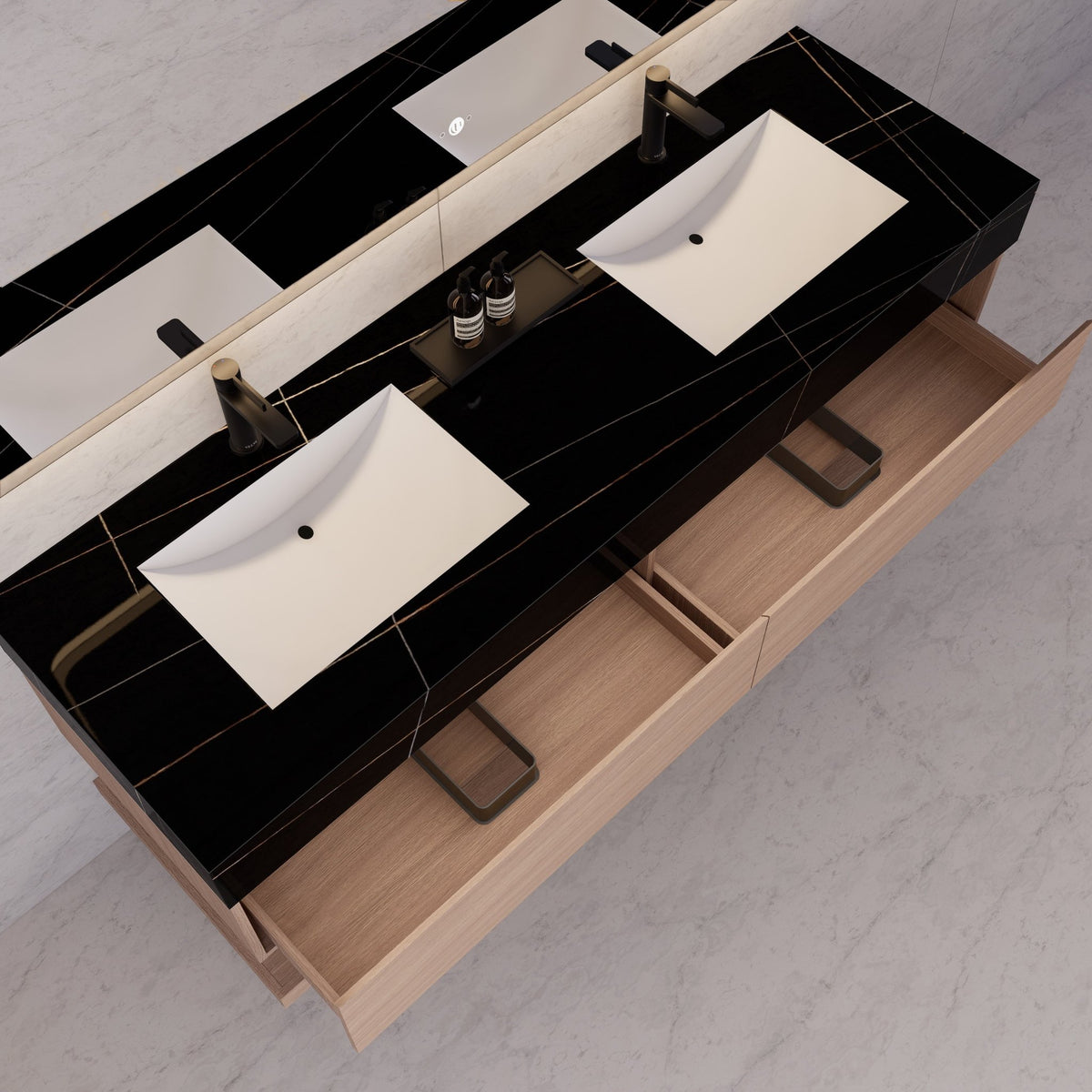 60"/71" Smoked Oak Hotel-Style Floating Bathroom Vanity, Double Sink, 2 Drawers with Open Shelf, Sintered Stone Top -Vanity