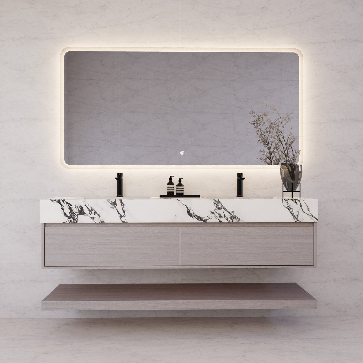 60"/71" White Grey Oak Hotel-Style Floating Bathroom Vanity, Double Sink, 2 Drawers with Open Shelf, Sintered Stone Top -Vanity