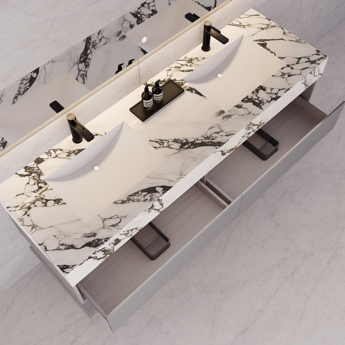 60"/71" White Grey Oak Hotel-Style Floating Bathroom Vanity, Double Sink, 2 Drawers with Open Shelf, Sintered Stone Top -Vanity