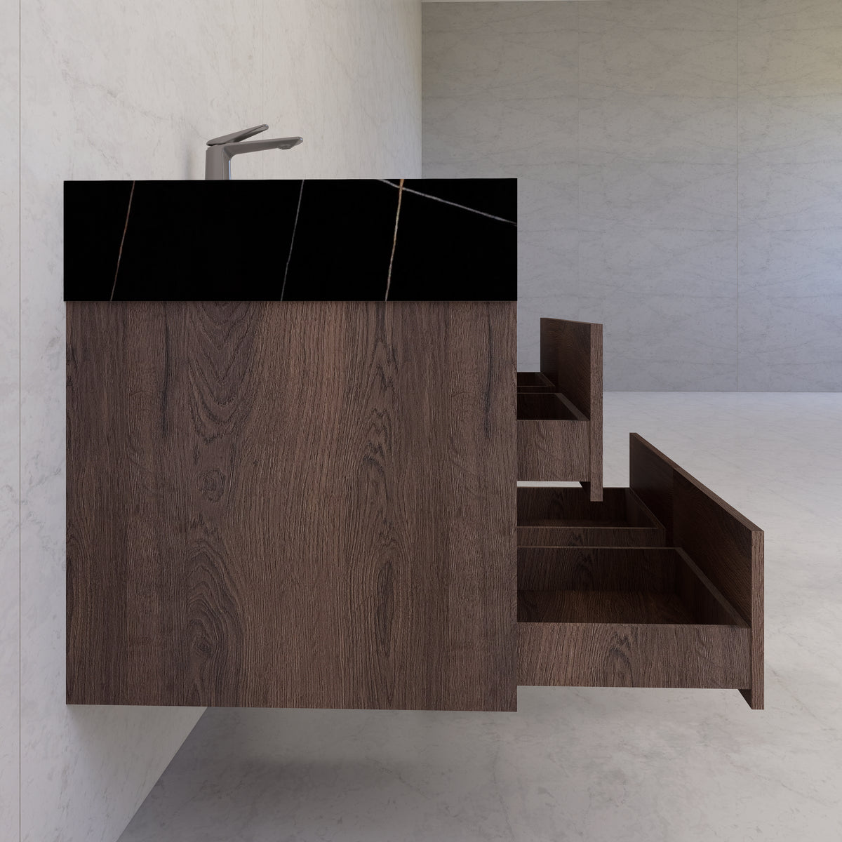 48"，60" Walnut Sintered Stone Top With Four Drawer Floating Bathroom Vanity