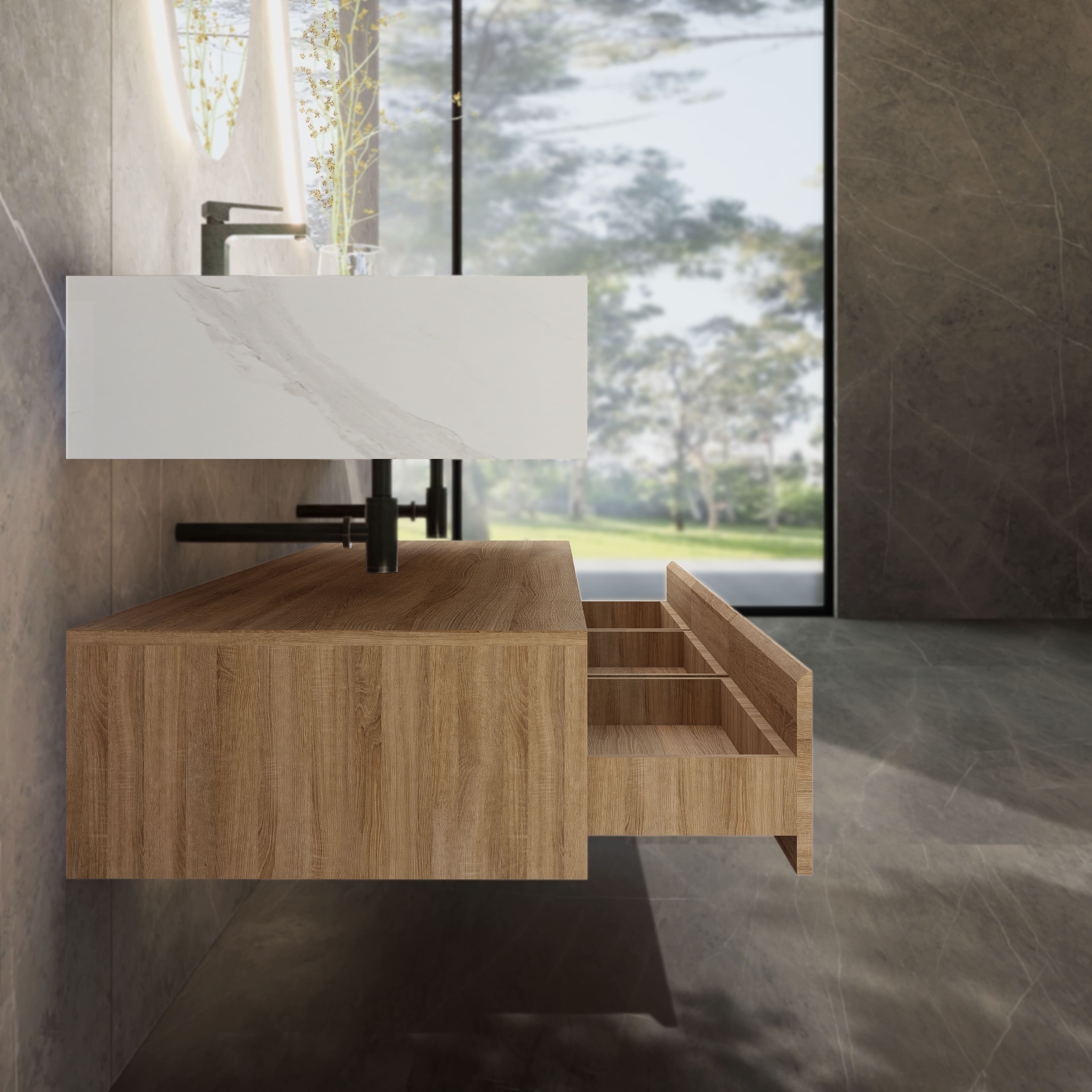 71" Wall Mount Bathroom Vanity - Stone Integrated Basin & Plywood Cabinet