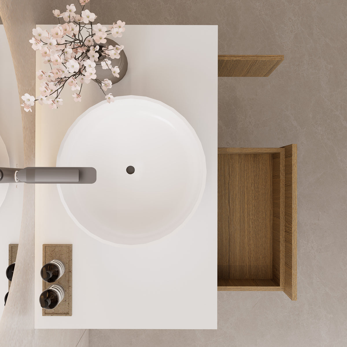 Floating Vessel Sink Vanity — Natural Oak Cabinet with Sintered Stone Top, Door & Drawer