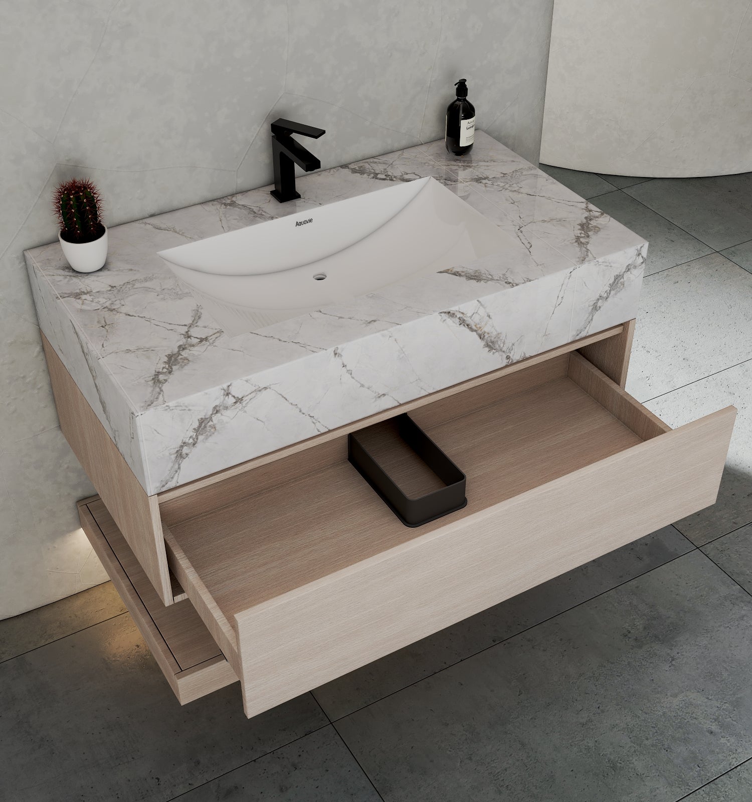 32", 36", 40" White Grey Oak Hotel-Style Floating Bathroom Vanity With Sintered Stone Top with