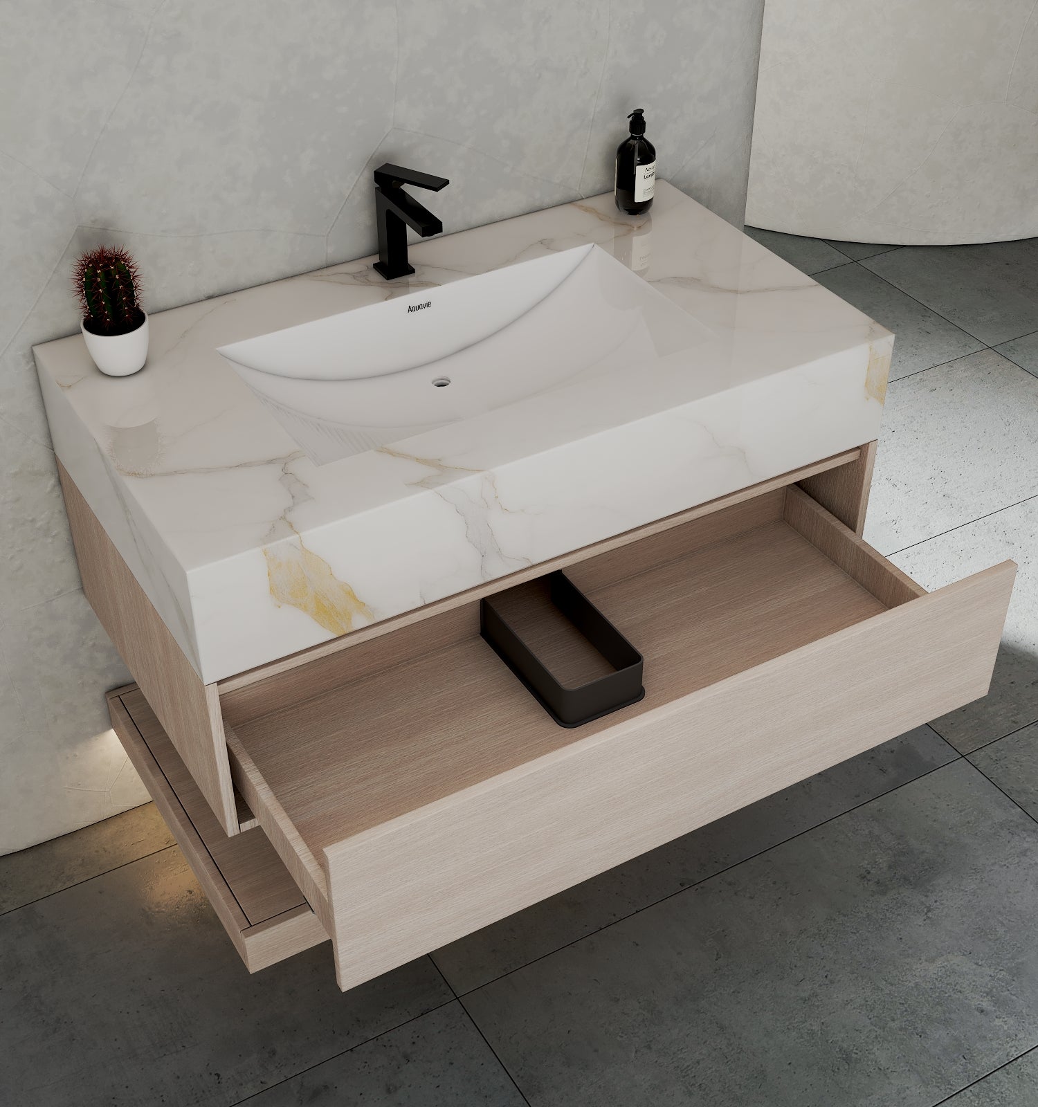 32", 36", 40" White Grey Oak Hotel-Style Floating Bathroom Vanity With Sintered Stone Top with