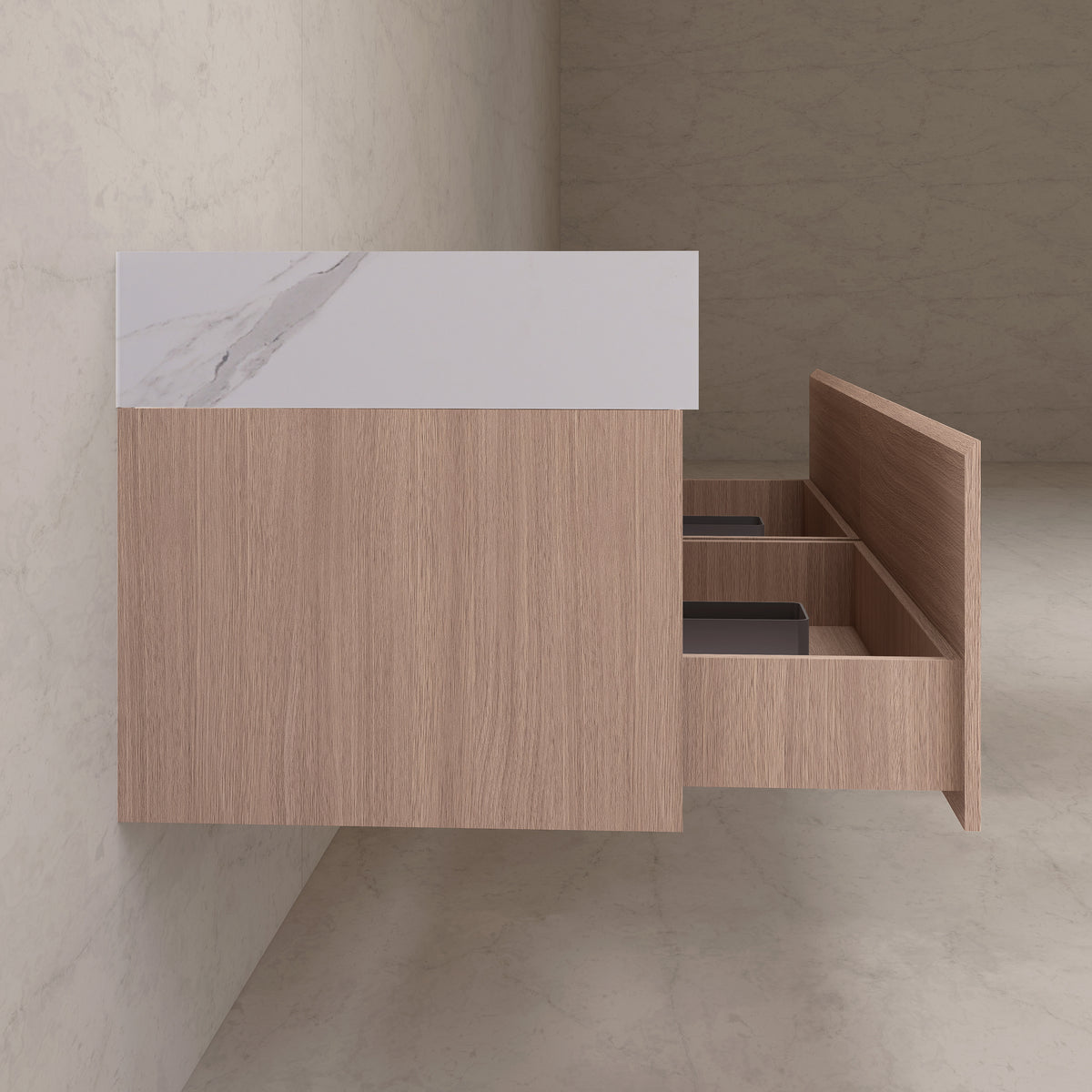 Meuble-lavabo suspendu double de 60 po / 71 po en chêne fumé avec dessus en pierre