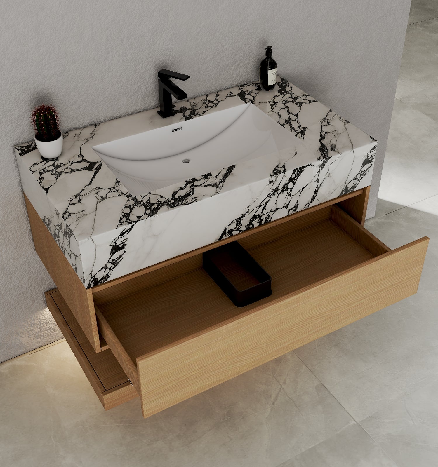 32", 36", 40" Nature Oak Hotel-Style Floating Bathroom Vanity With Sintered Stone Top