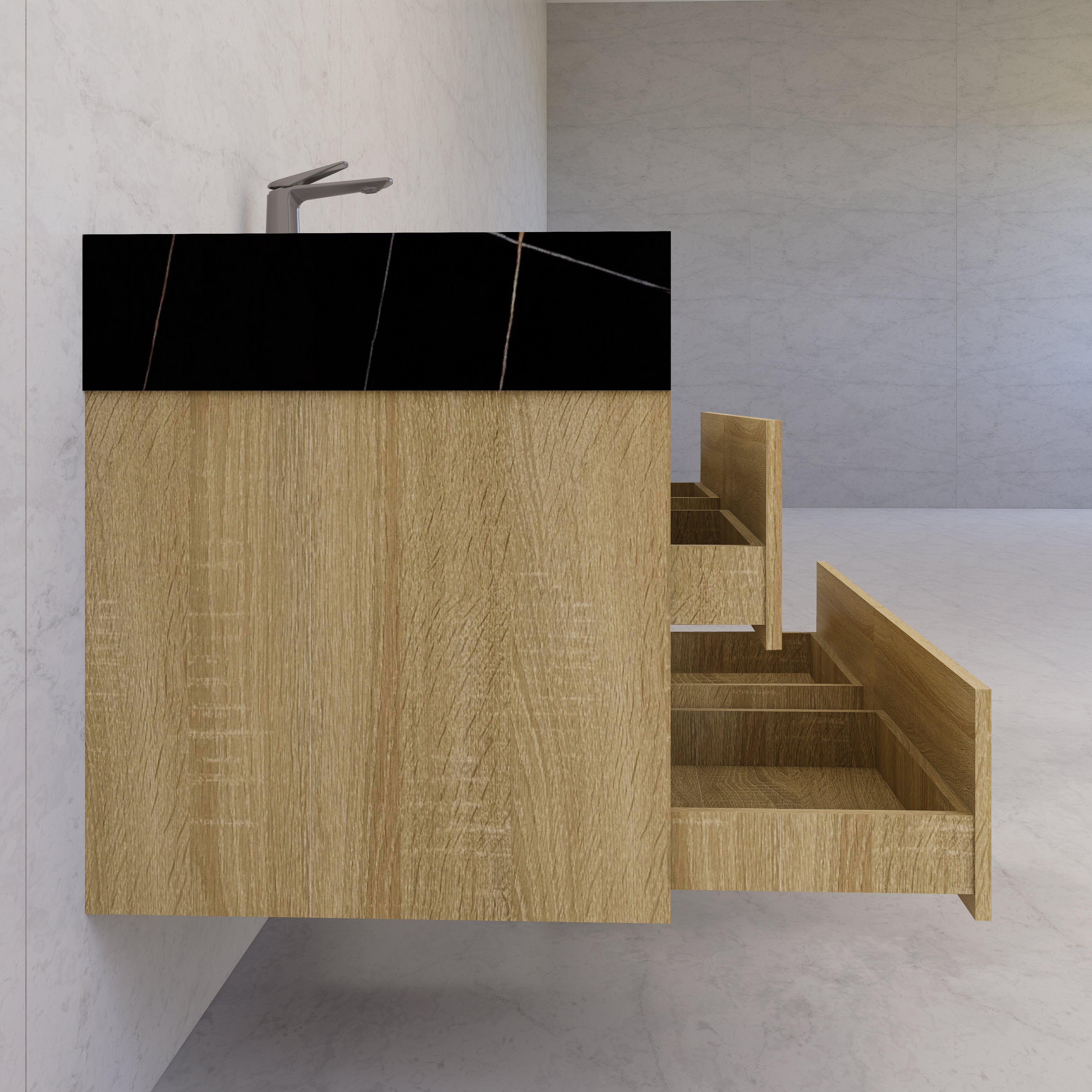 48"，60" Light Oak Sintered Stone Top With Four Drawer Floating Bathroom Vanity